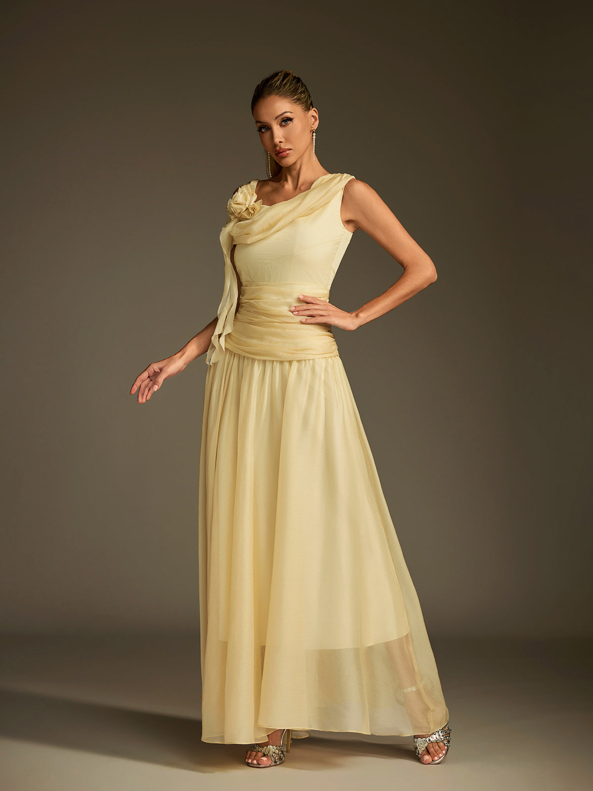 Velthrix One Shoulder Flower Ruched Maxi Dress