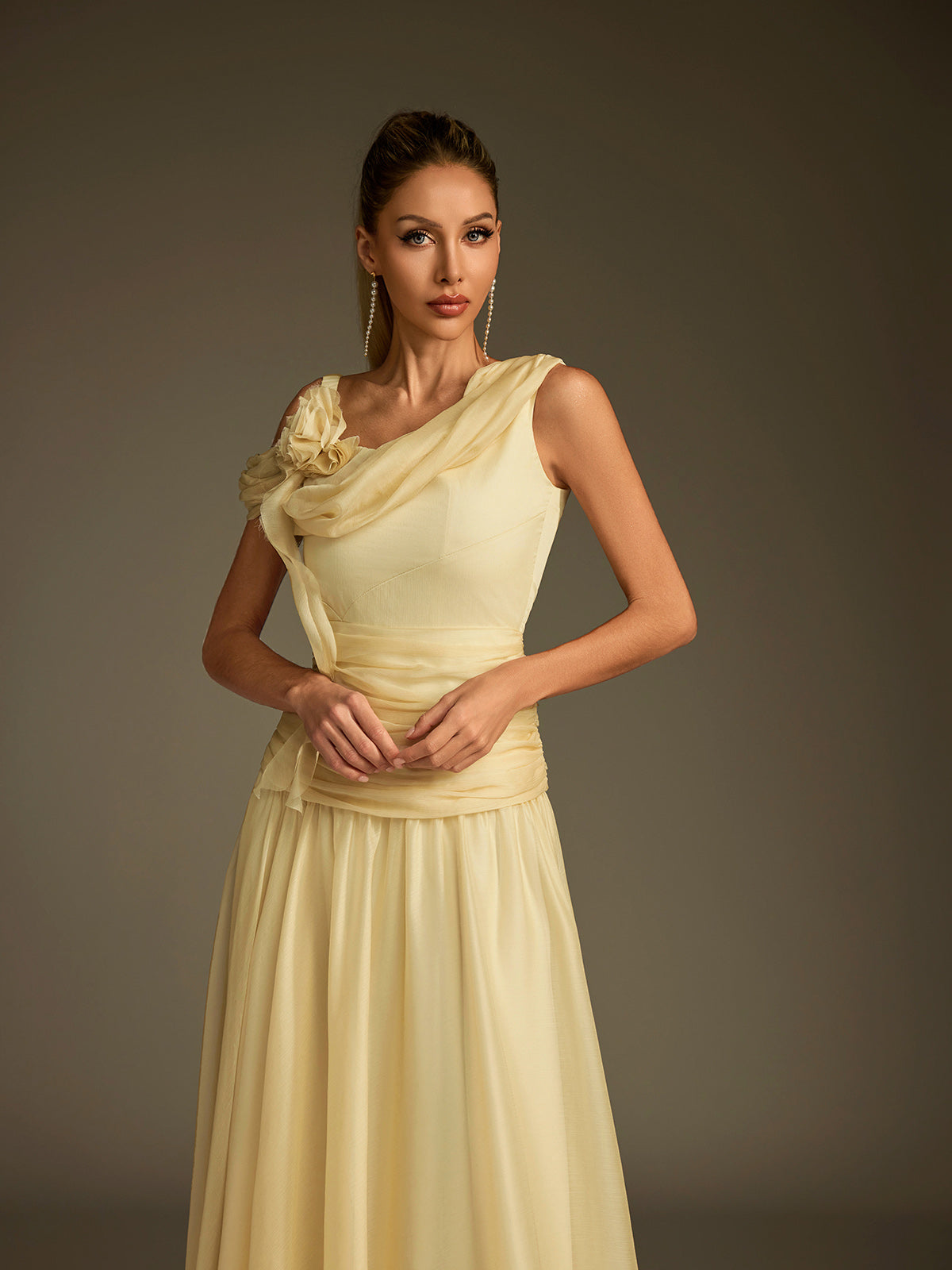 Velthrix One Shoulder Flower Ruched Maxi Dress