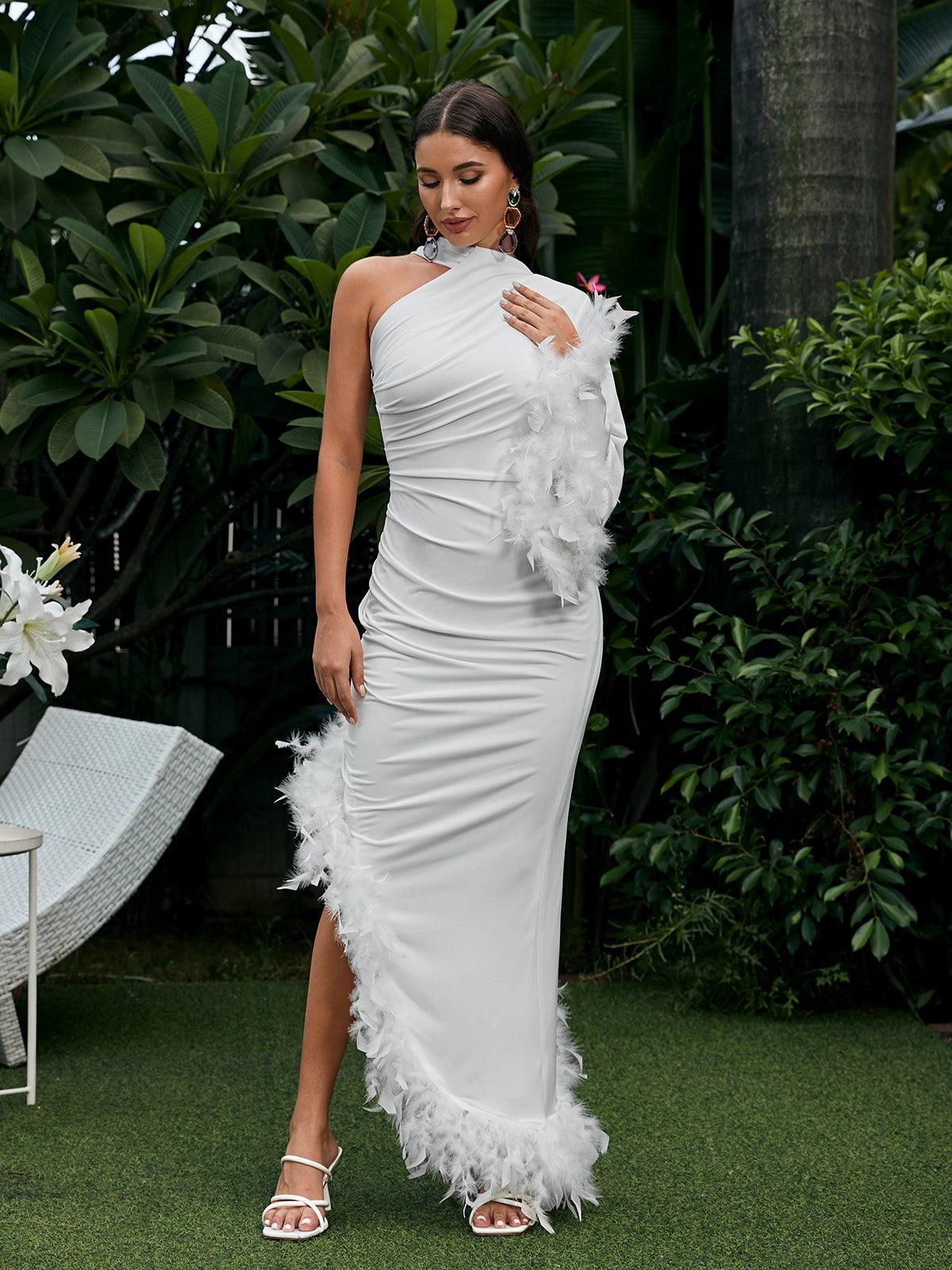 Vulcan One Shoulder Feather Kaftan Dress