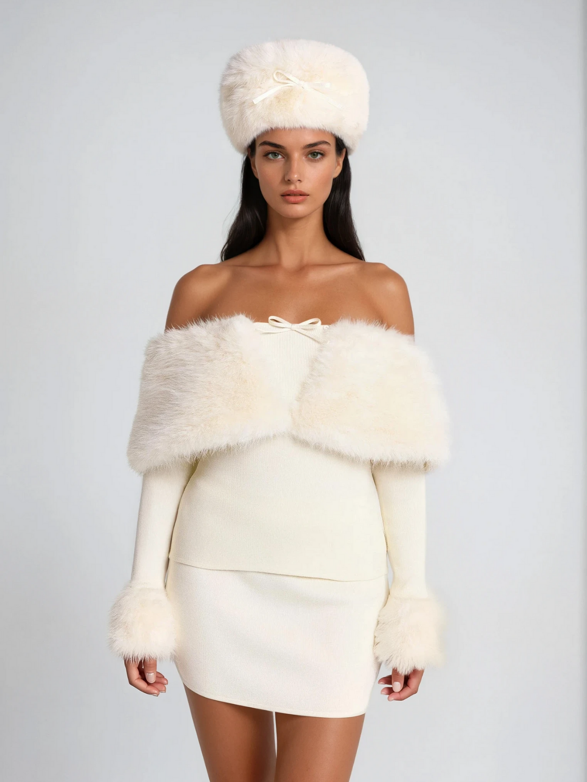 Vyriss Off Shoulder Furry Skirt Set