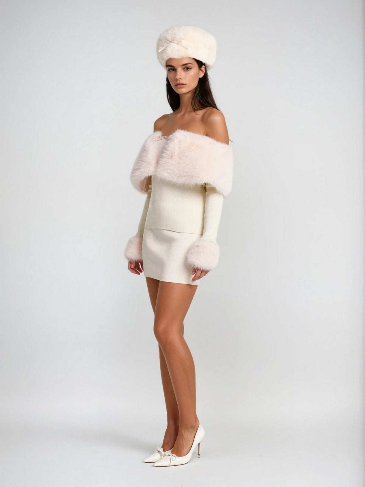Vyriss Off Shoulder Furry Skirt Set
