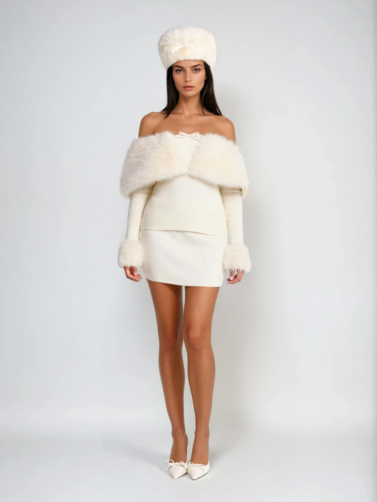 Vyriss Off Shoulder Furry Skirt Set