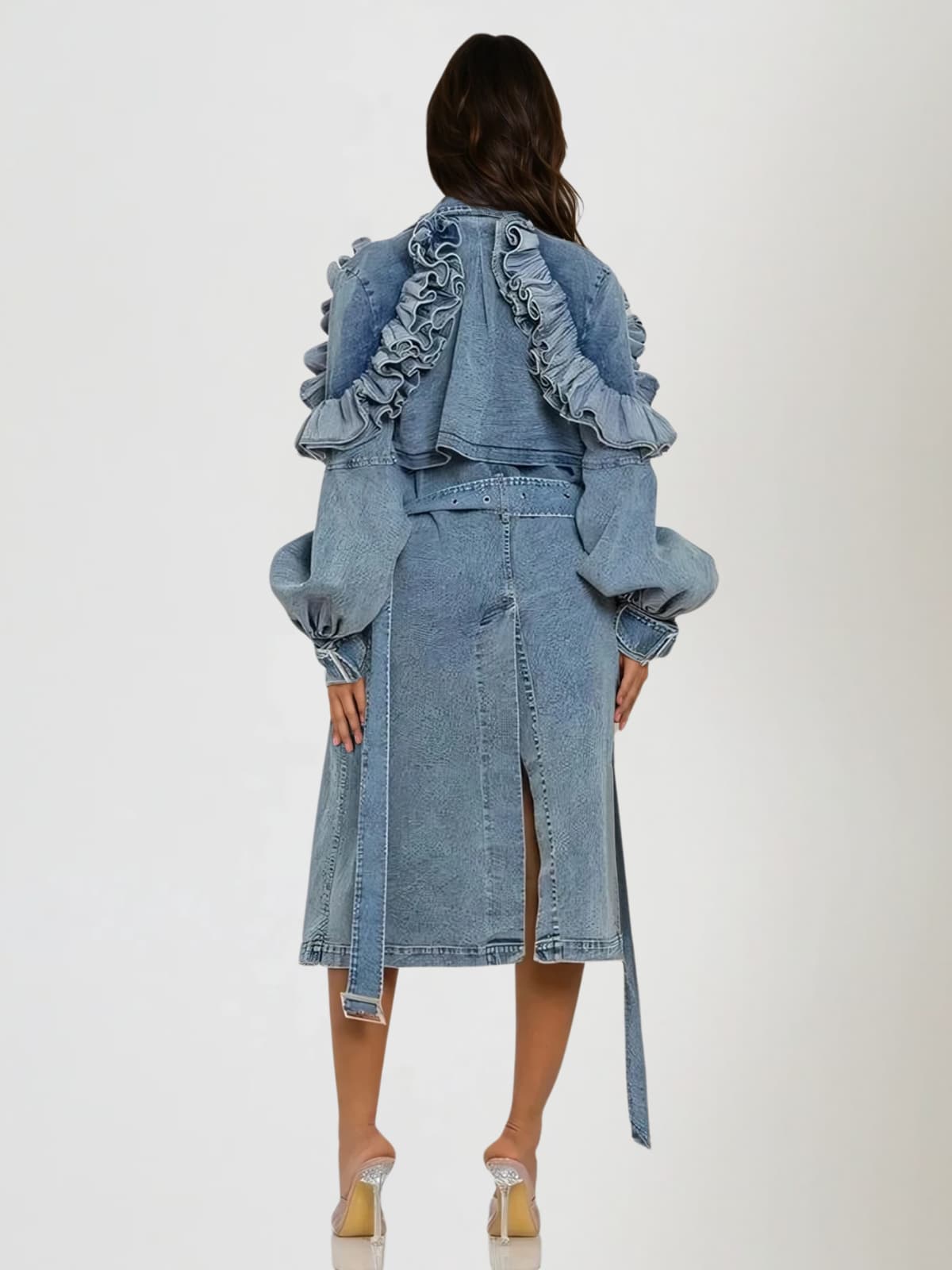 Wrydan Button Up Ruffle Denim Coat