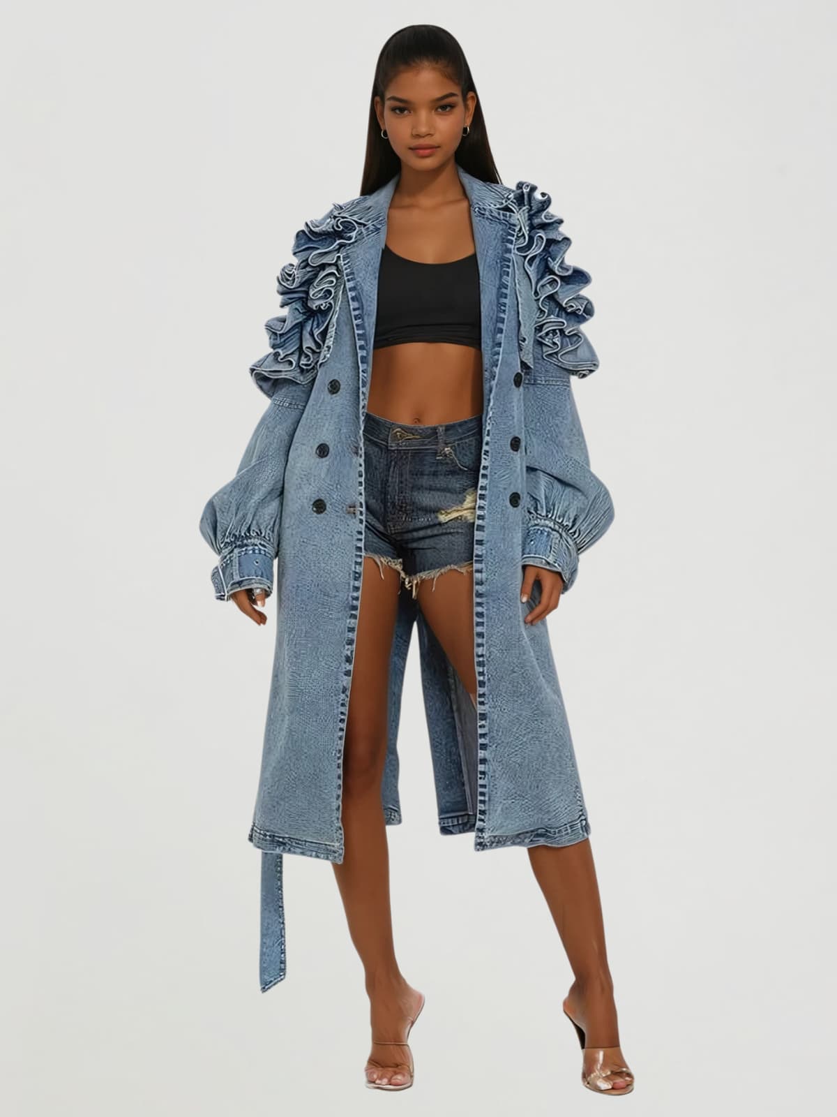 Wrydan Button Up Ruffle Denim Coat