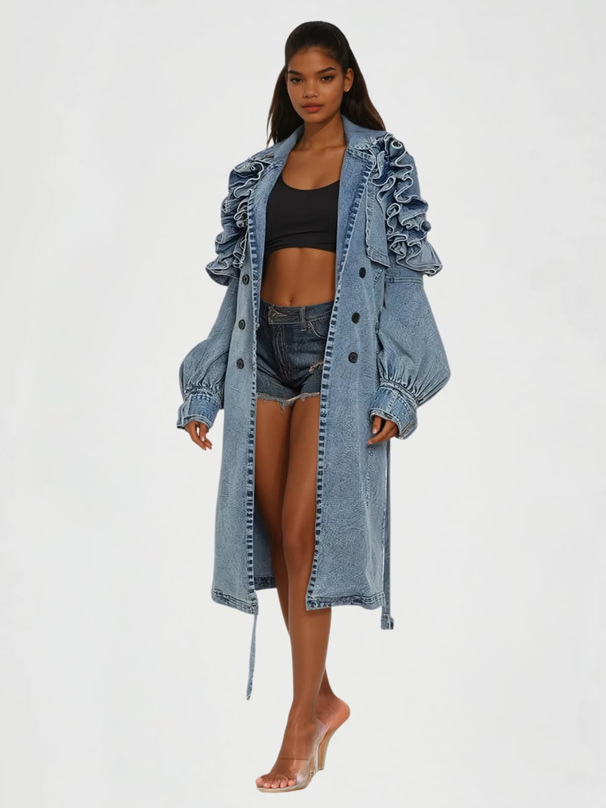 Wrydan Button Up Ruffle Denim Coat
