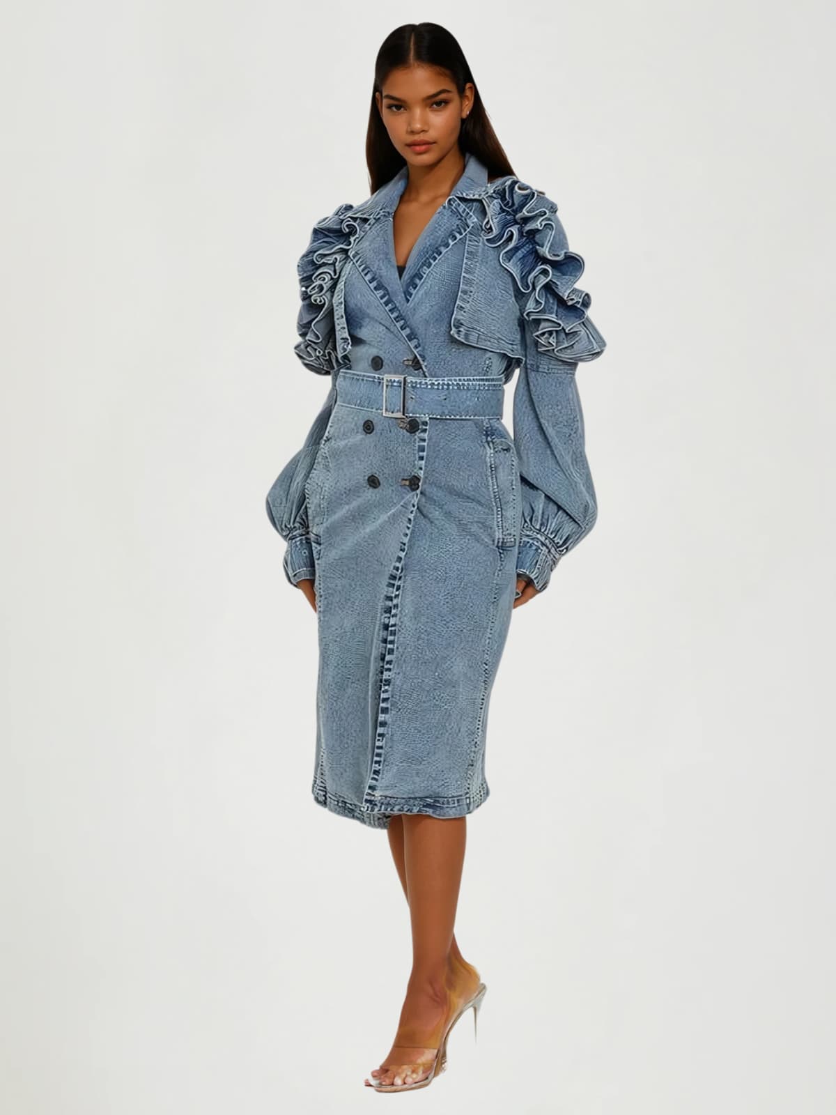 Wrydan Button Up Ruffle Denim Coat