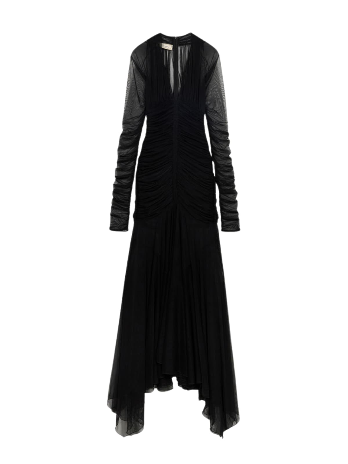 Wryne Plunge Neck Mesh Ruched Maxi Dress