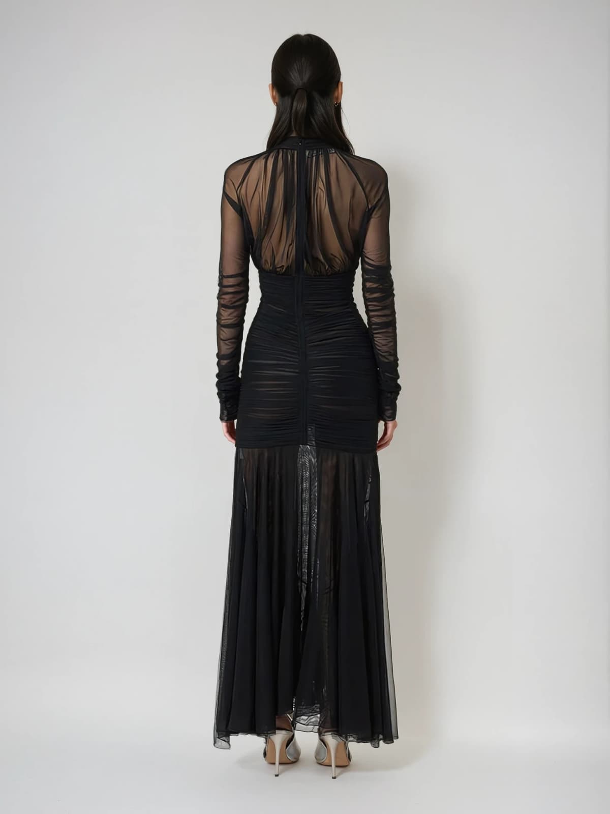 Wryne Plunge Neck Mesh Ruched Maxi Dress