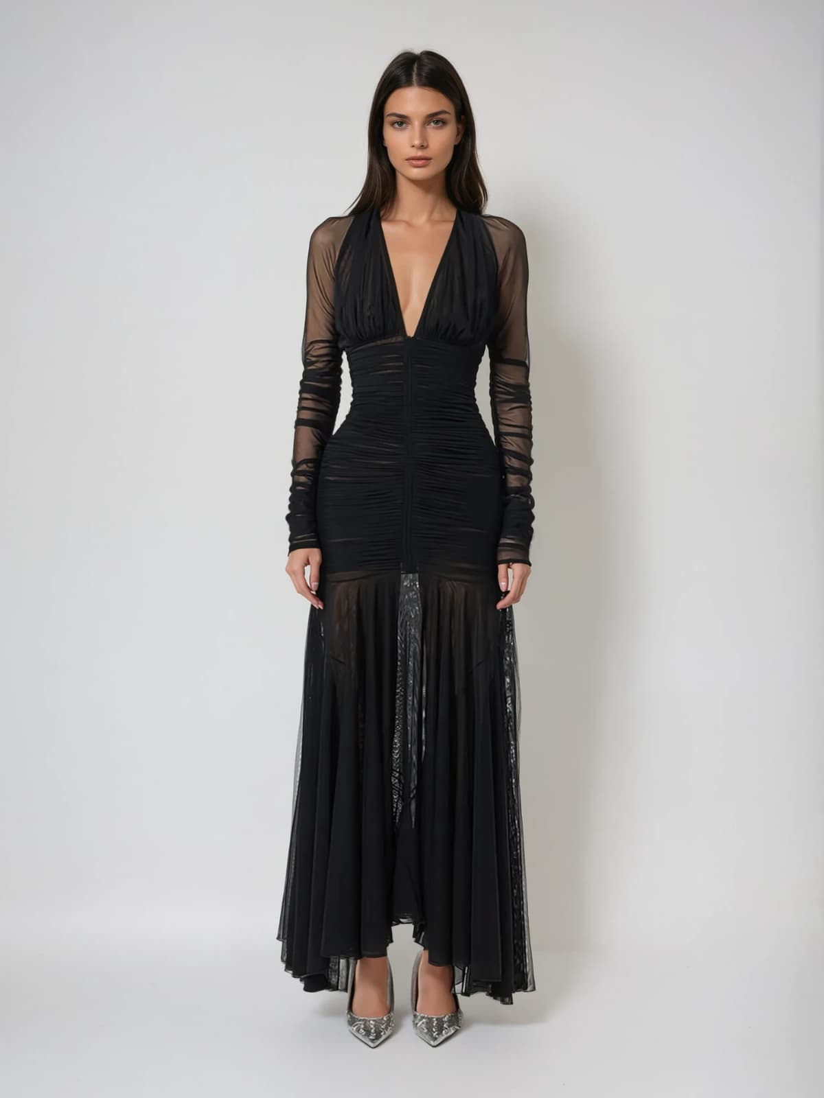 Wryne Plunge Neck Mesh Ruched Maxi Dress