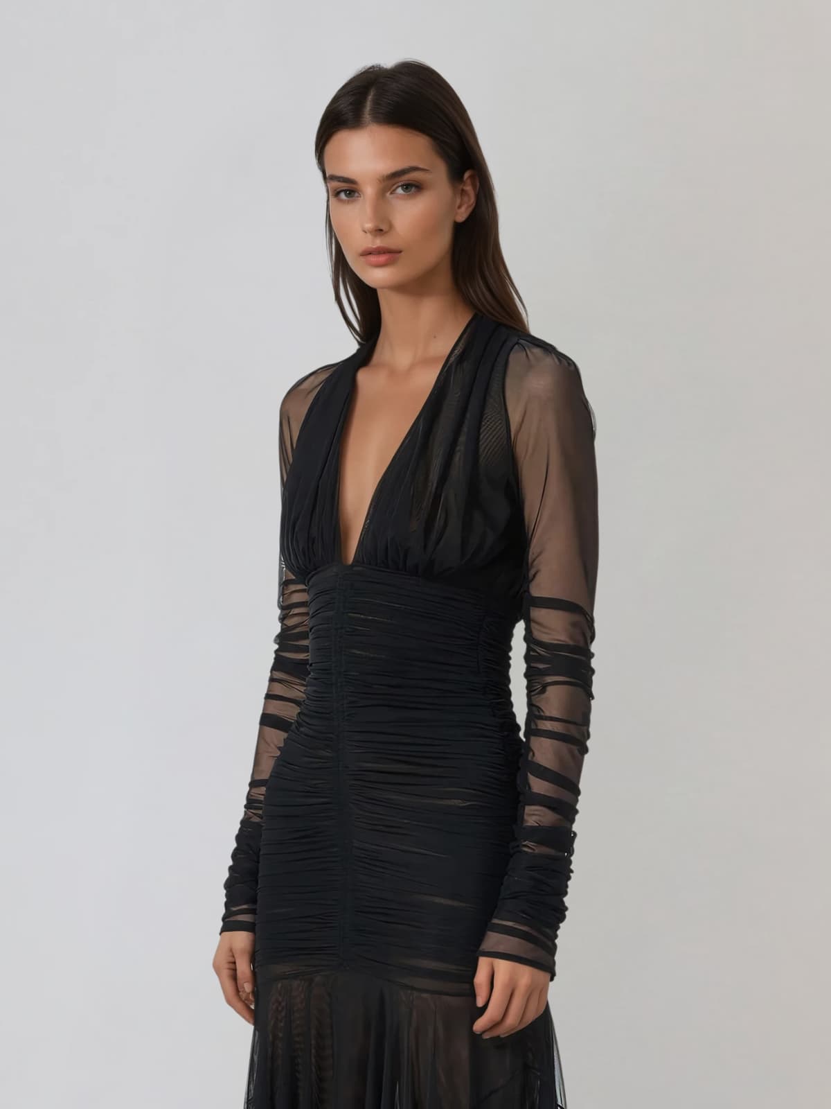 Wryne Plunge Neck Mesh Ruched Maxi Dress