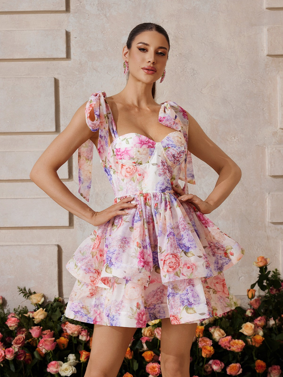 Xaelyth Sleeveless Floral Ruffle Mini Dress In Pink