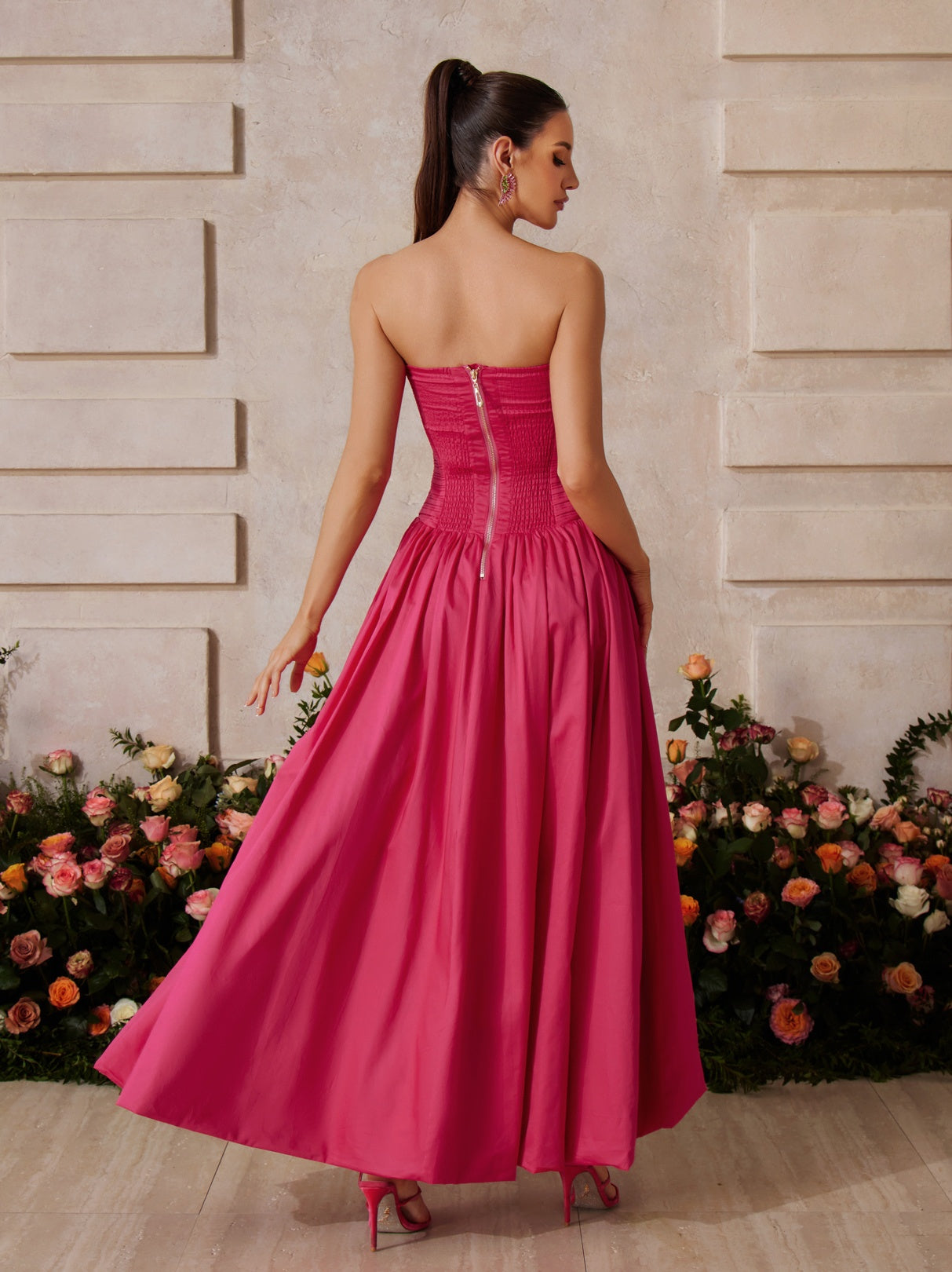 Rexmir Strapless Ruched Maxi Dress In Hot Pink