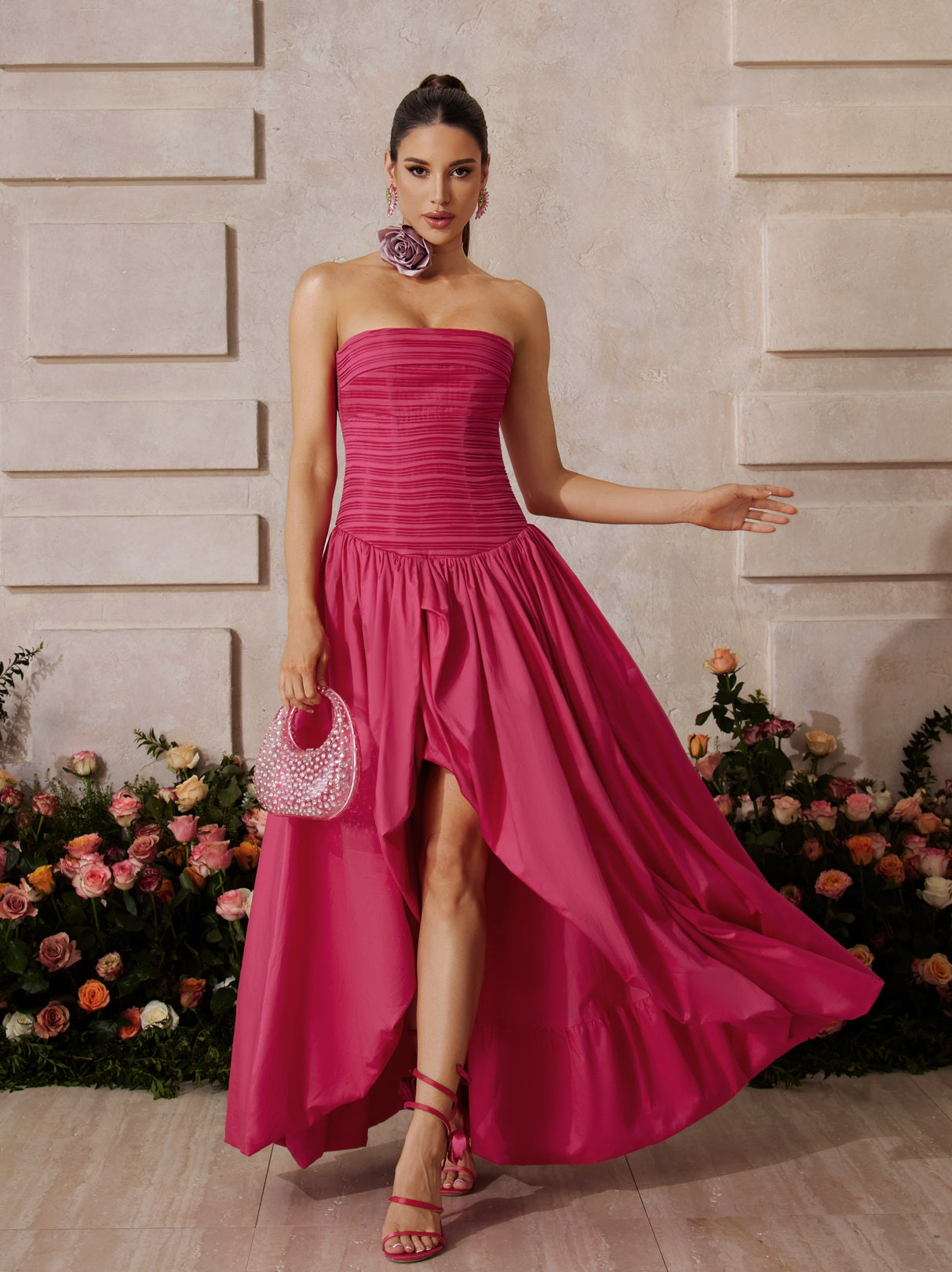 Rexmir Strapless Ruched Maxi Dress In Hot Pink