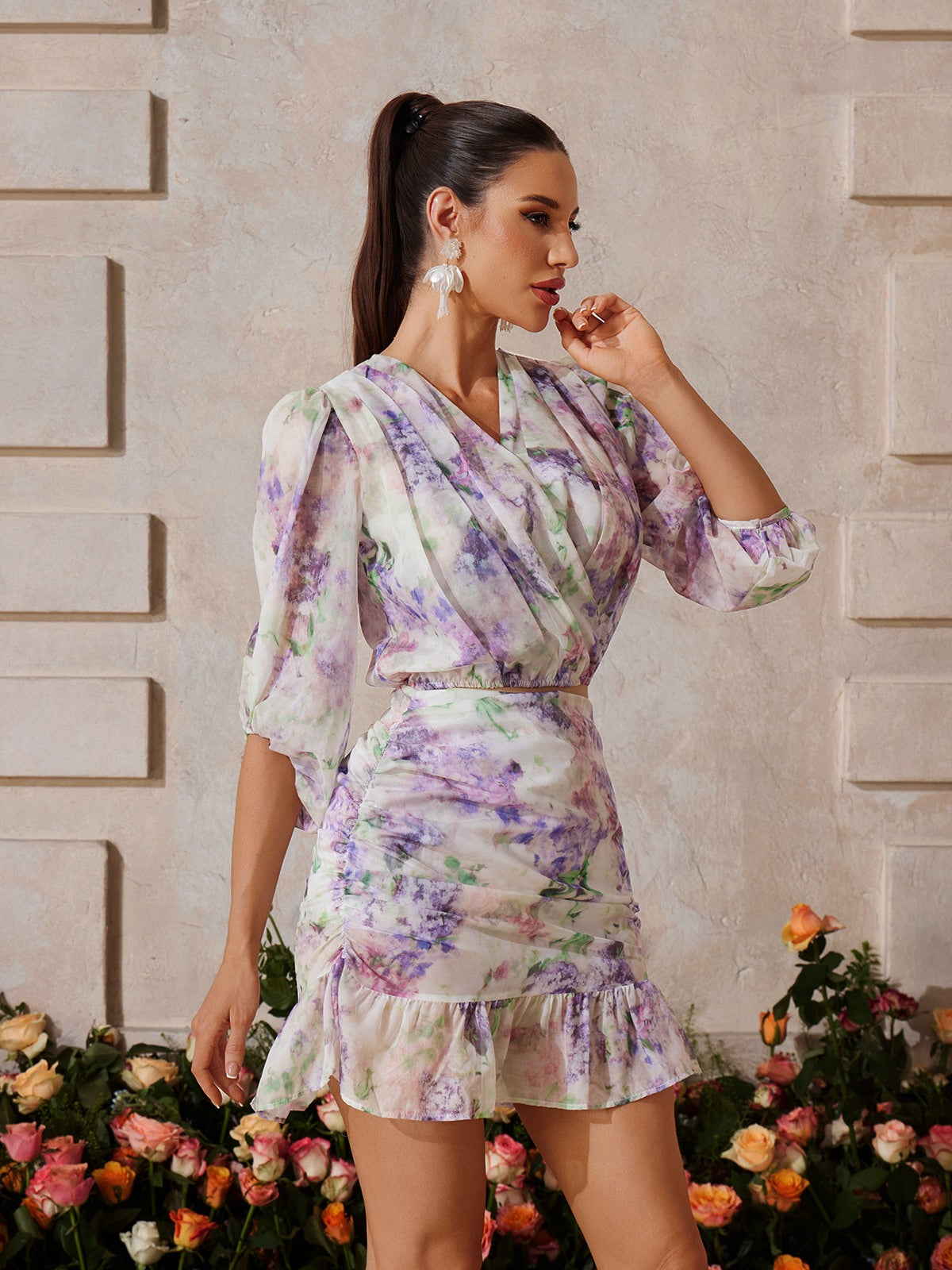 Yaelyra V Neck Floral Skirt Set