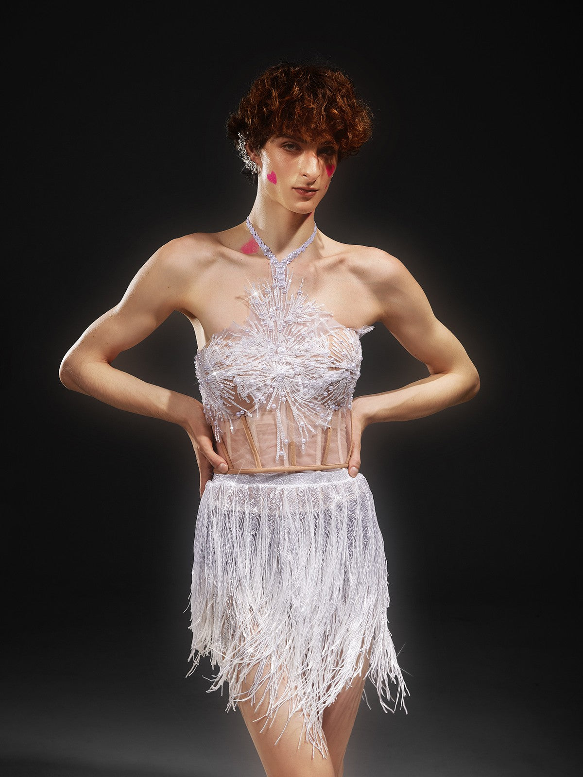 Yahir Halterneck Sequin Fringe Mesh Dress