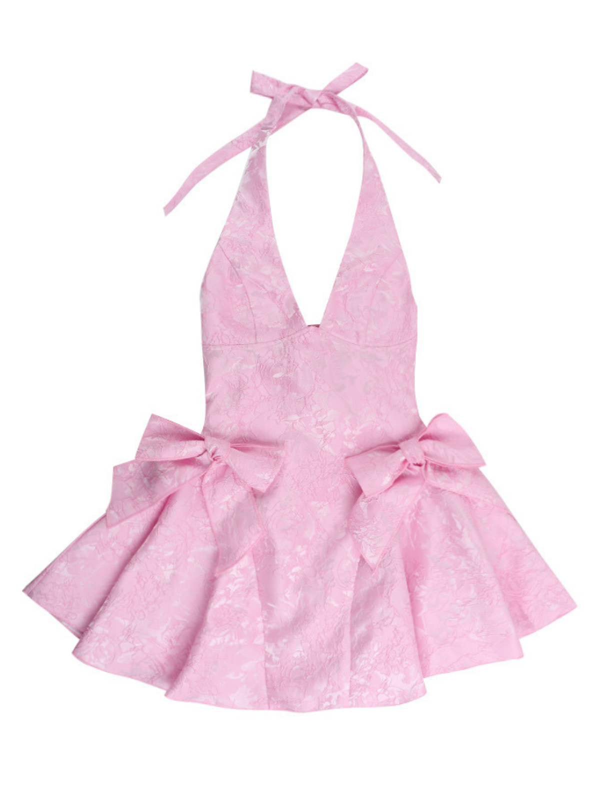 Yaldrex Plunge Neck Bow Jacquard Mini Dress