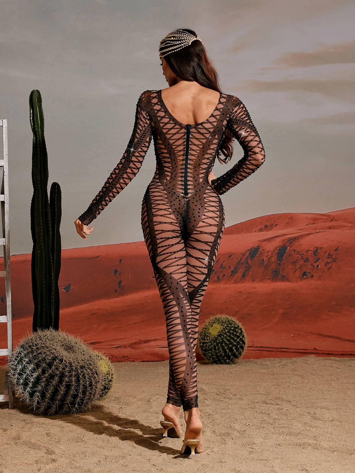 Yanis Long Sleeve Rhinestone Printed Jumpsuit