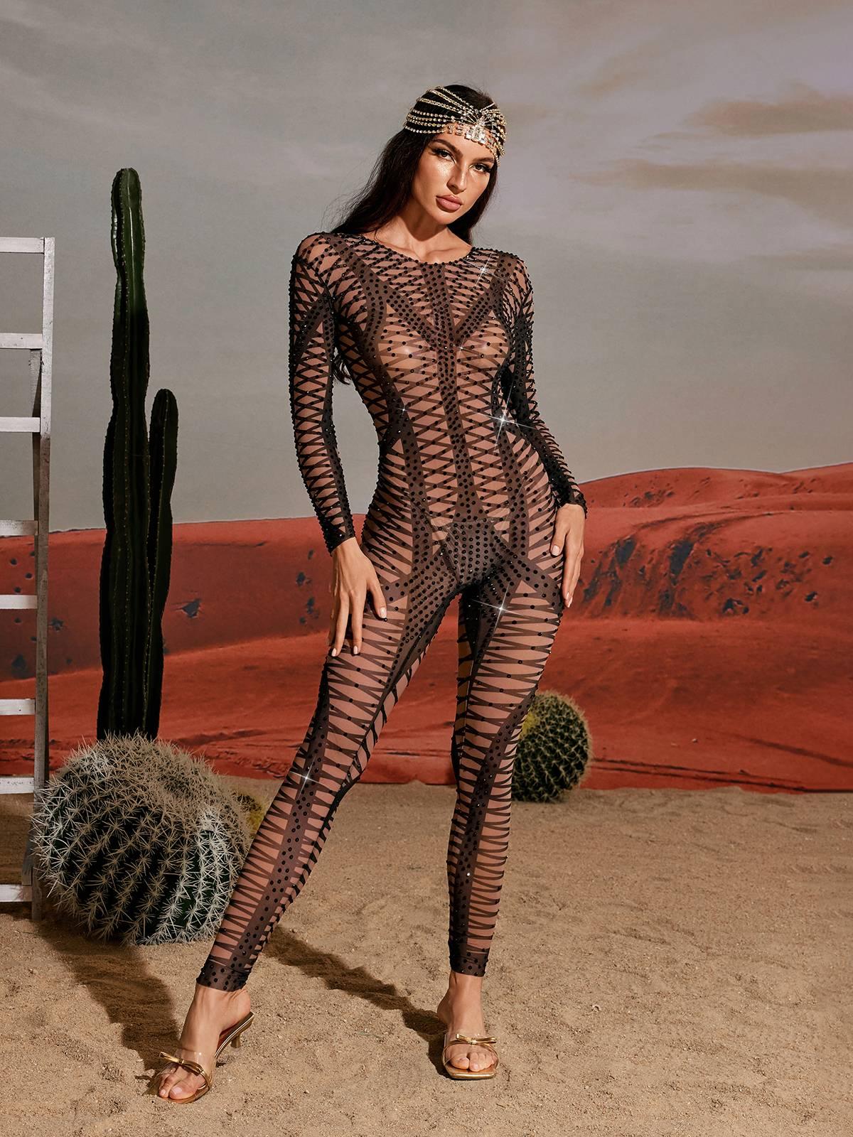 Yanis Long Sleeve Rhinestone Printed Jumpsuit