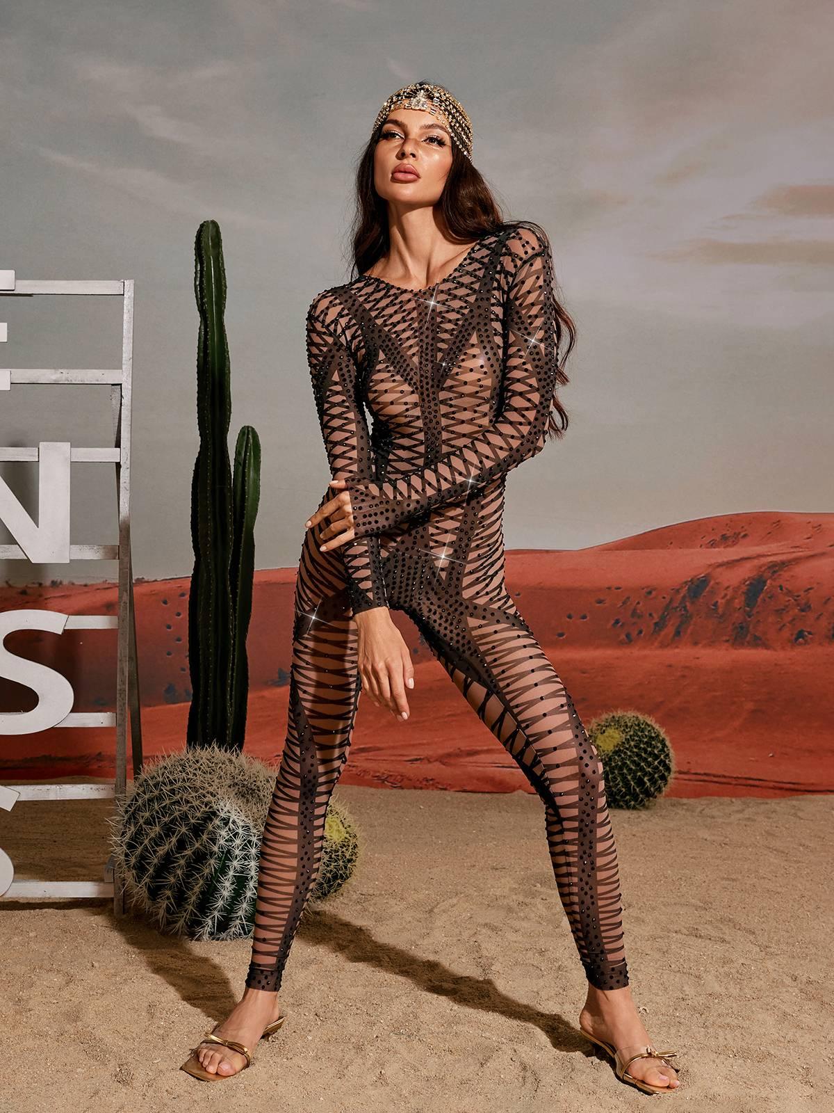 Yanis Long Sleeve Rhinestone Printed Jumpsuit