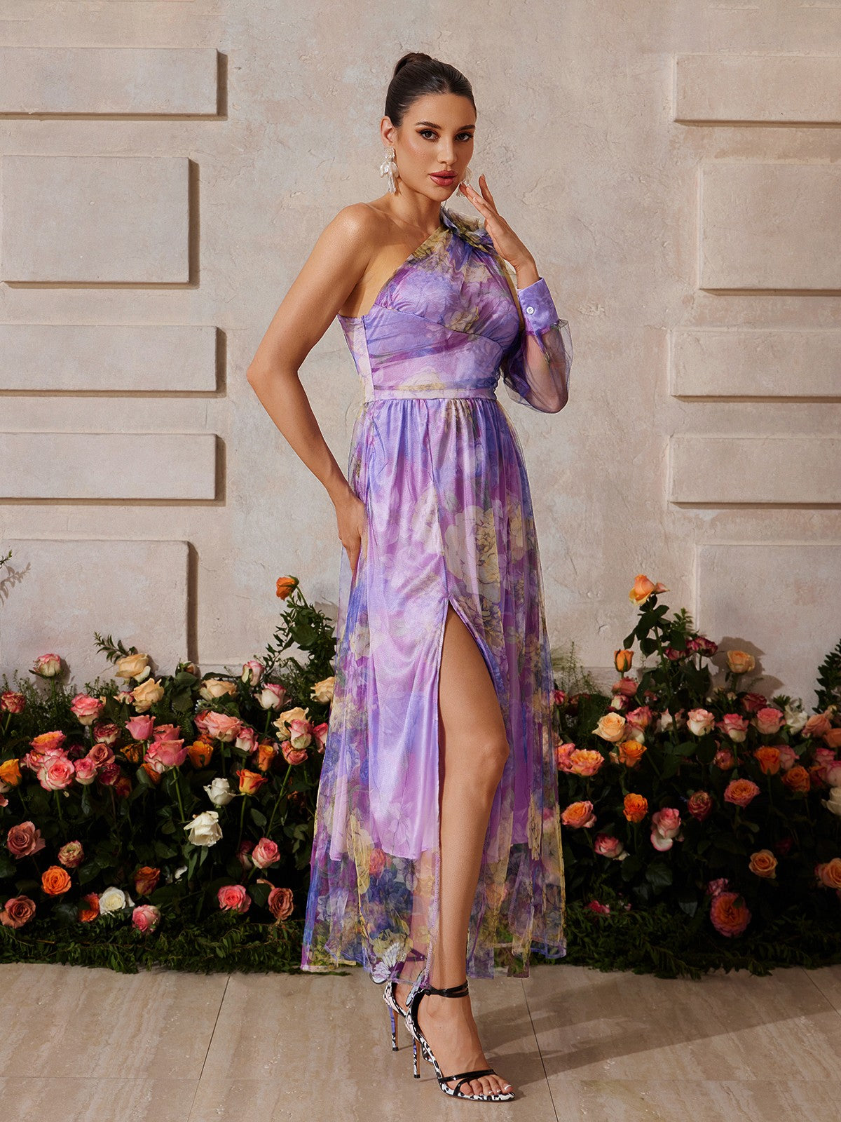 Yexis One Shoulder Split Floral Midi Dress
