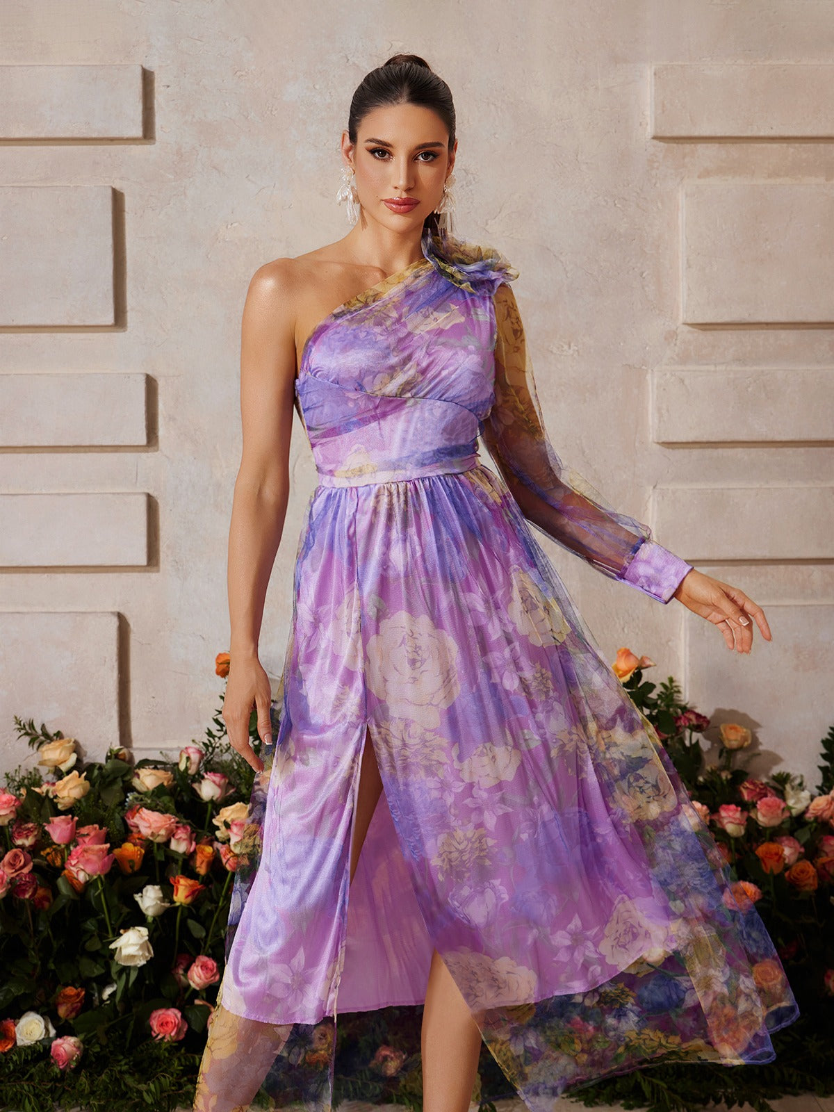 Yexis One Shoulder Split Floral Midi Dress