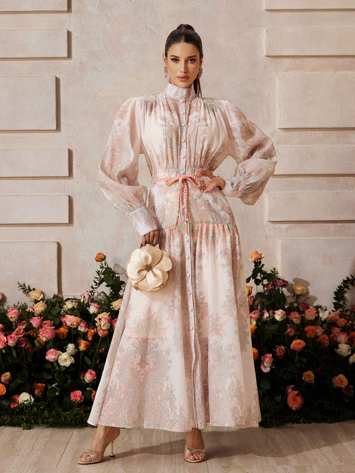 Yexmir High Neck Button Up Floral Maxi Dress