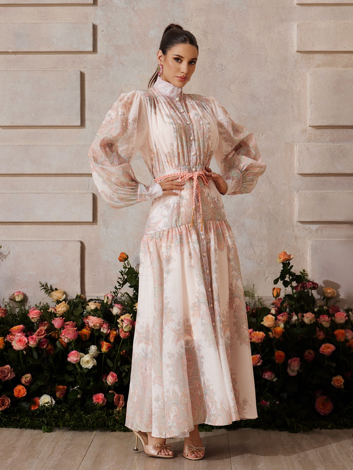 Yexmir High Neck Button Up Floral Maxi Dress