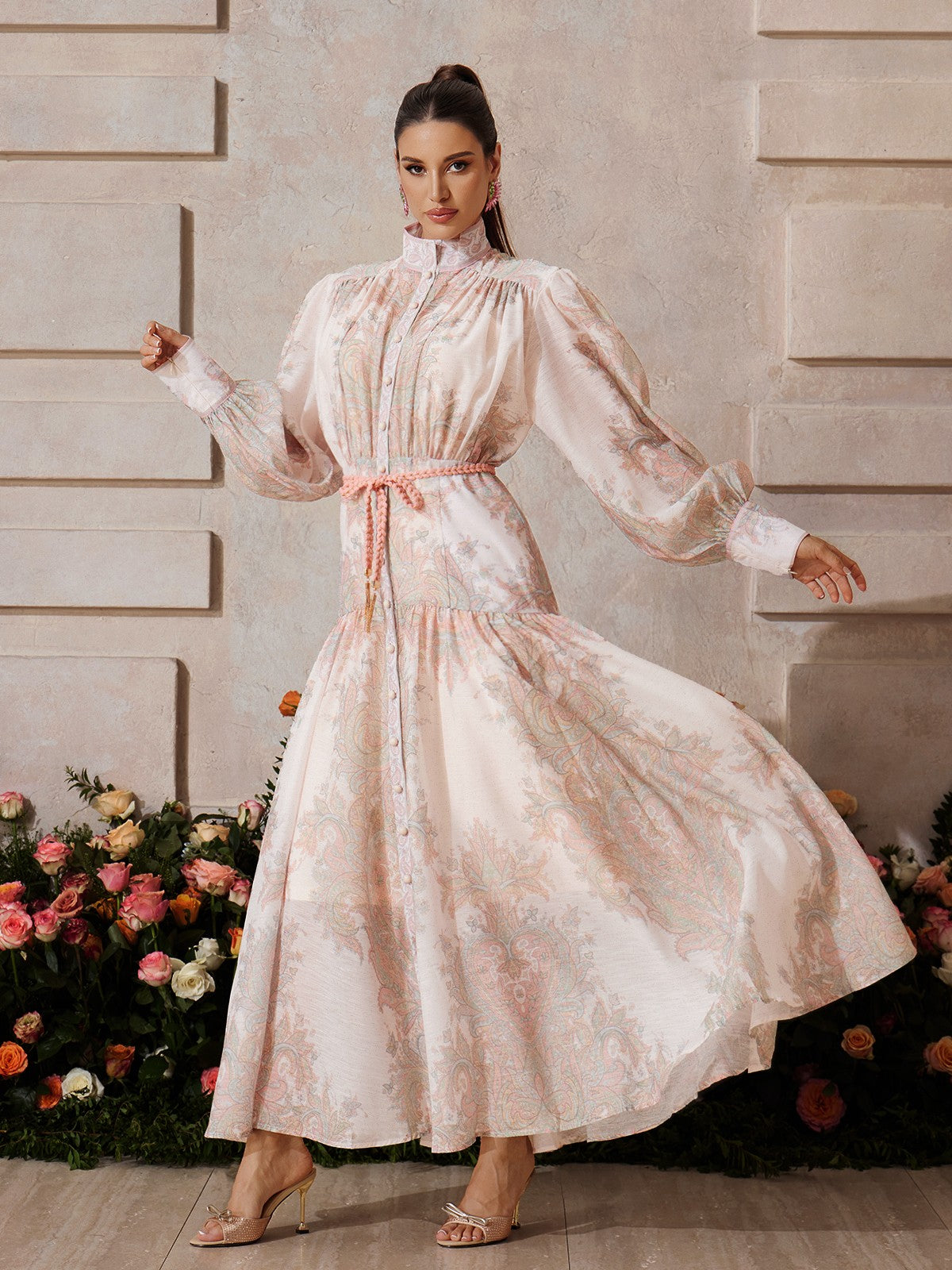 Yexmir High Neck Button Up Floral Maxi Dress