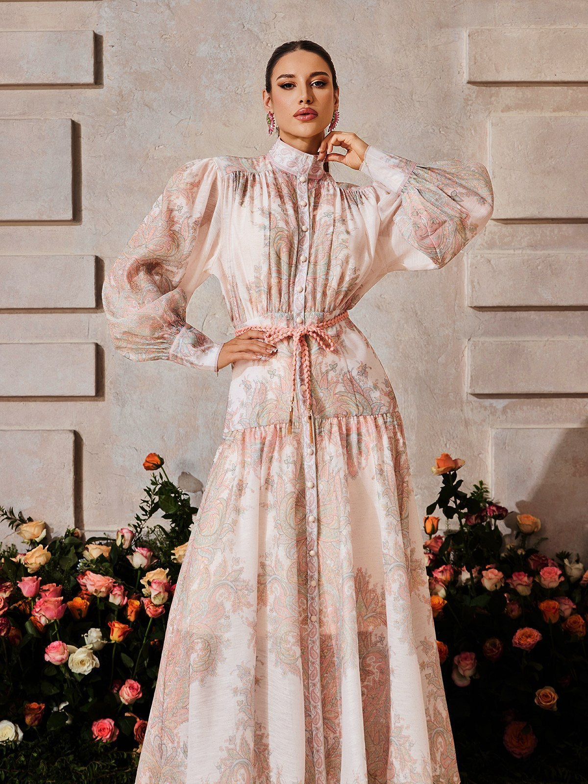 Yexmir High Neck Button Up Floral Maxi Dress