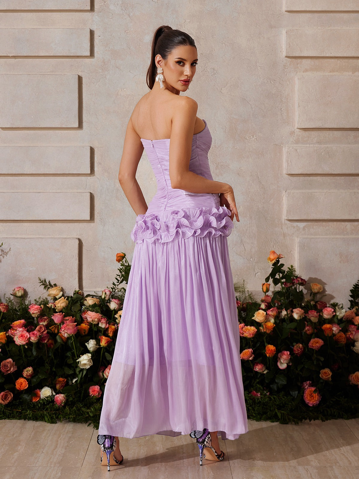 Yryviel Strapless Ruched Ruffle Maxi Dress In Purple