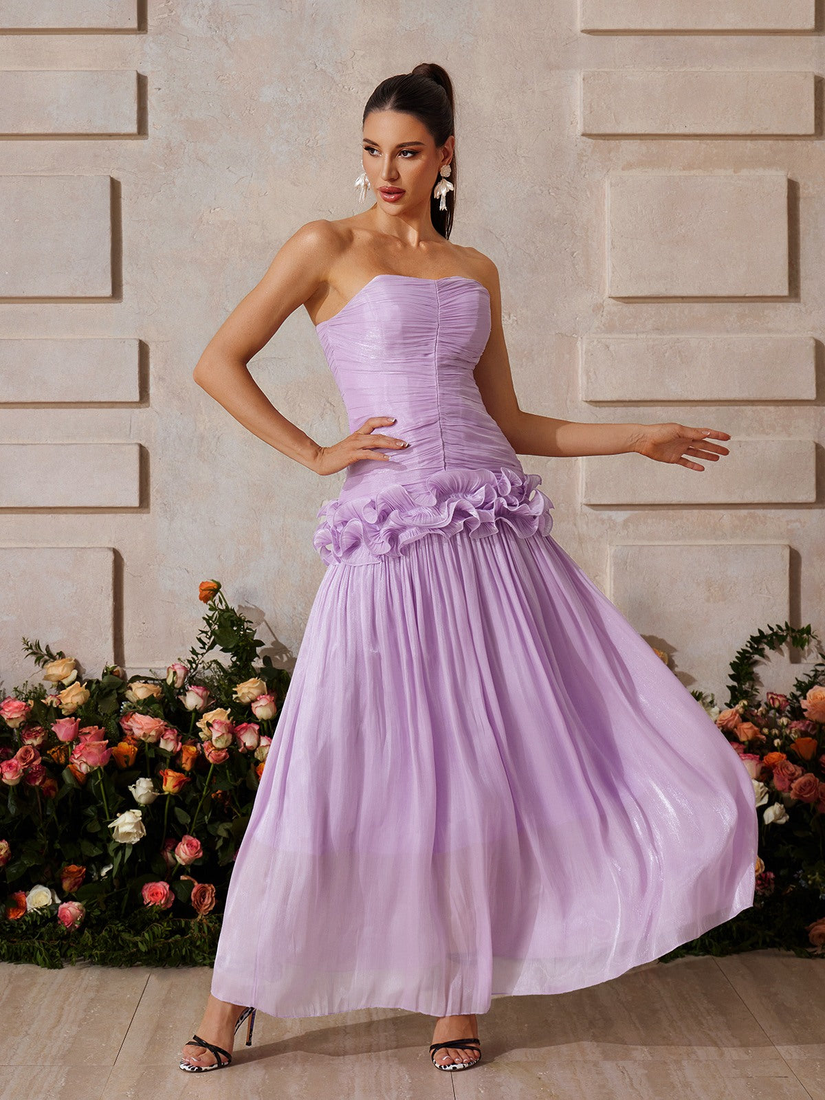 Yryviel Strapless Ruched Ruffle Maxi Dress In Purple