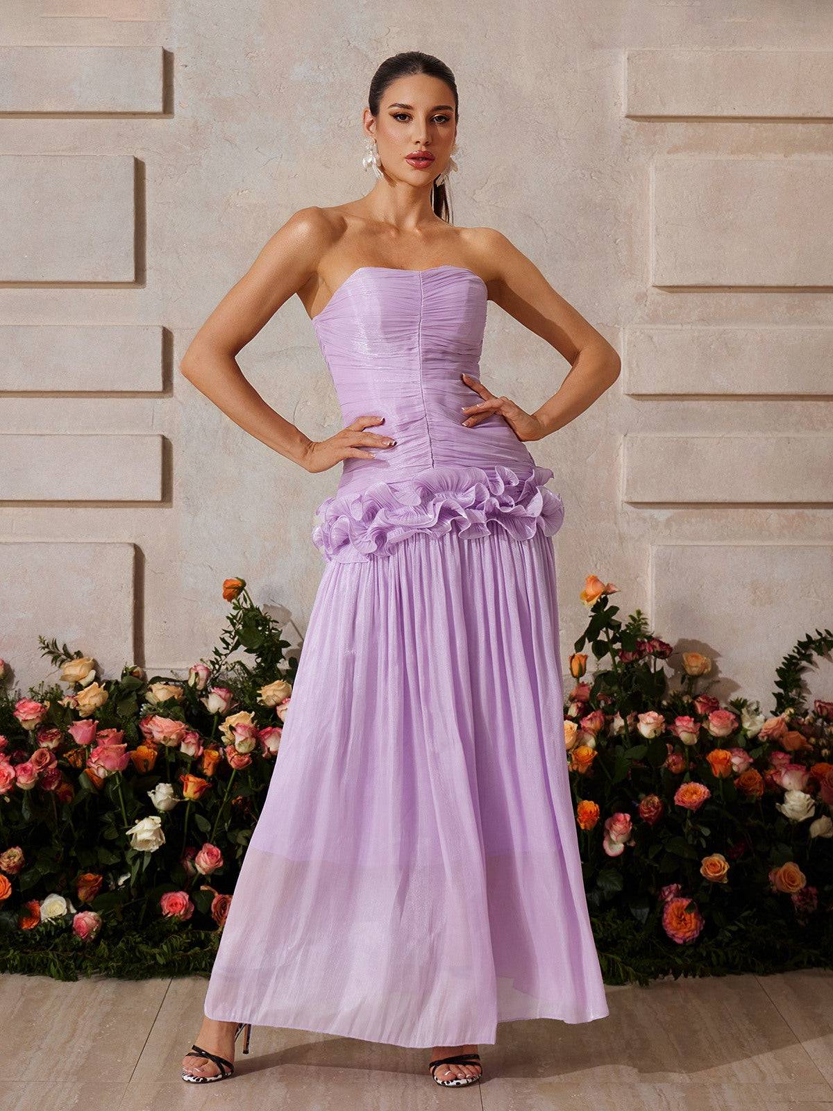 Yryviel Strapless Ruched Ruffle Maxi Dress In Purple