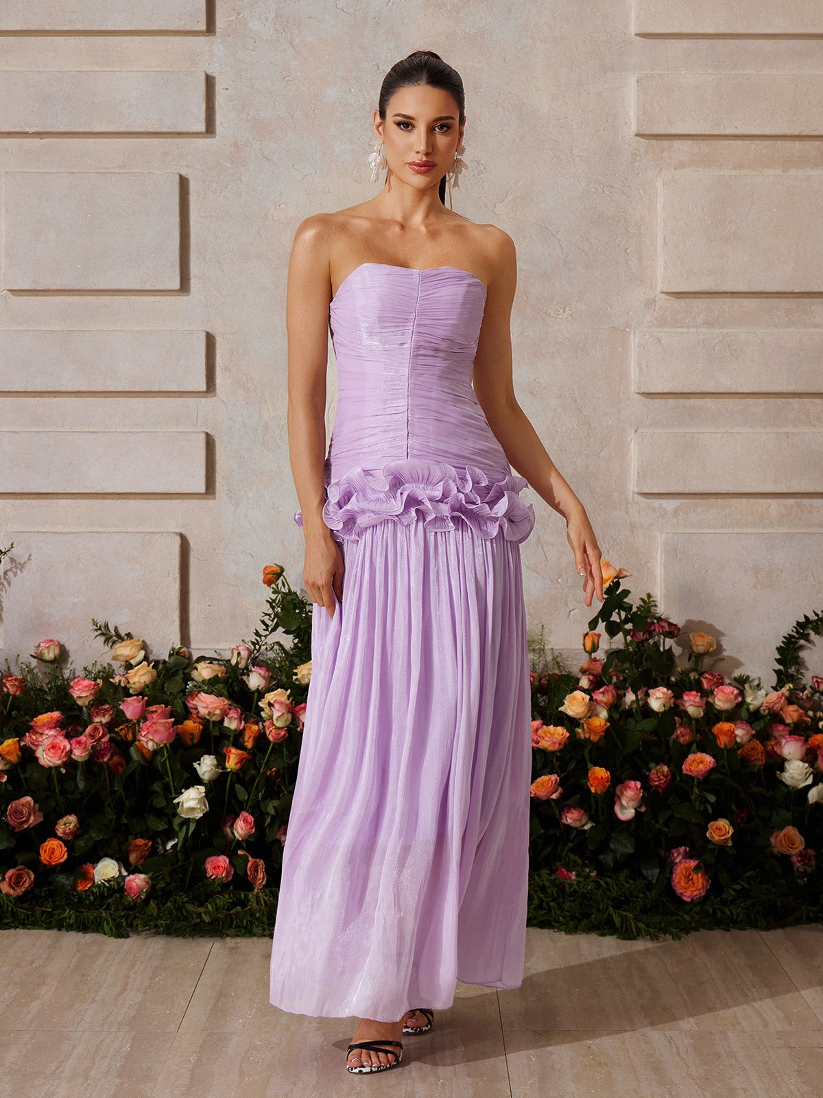 Yryviel Strapless Ruched Ruffle Maxi Dress In Purple