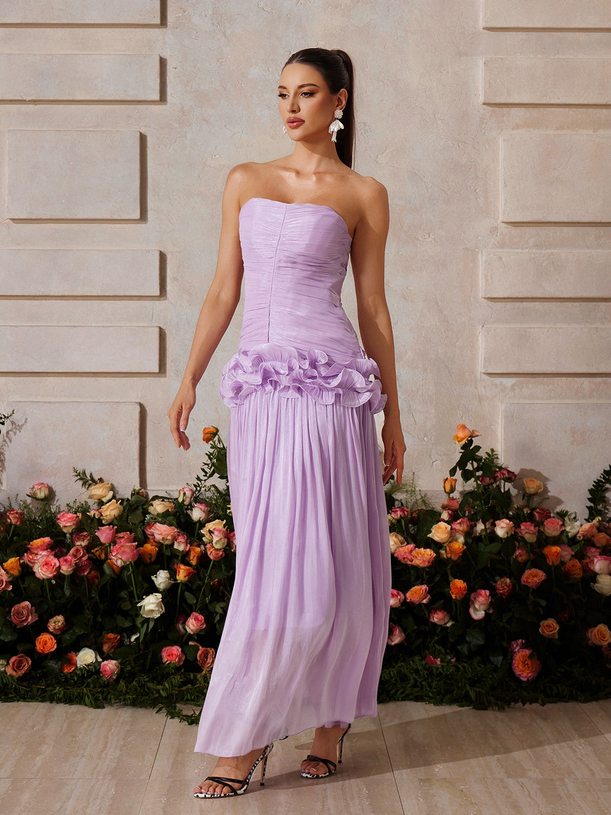 Yryviel Strapless Ruched Ruffle Maxi Dress In Purple