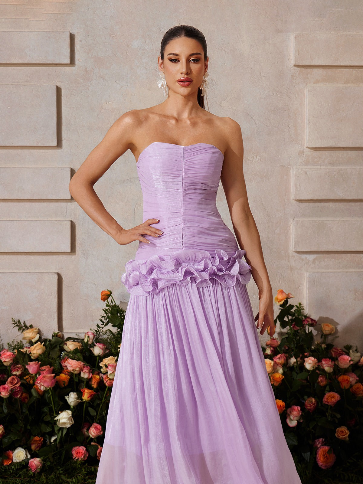 Yryviel Strapless Ruched Ruffle Maxi Dress In Purple