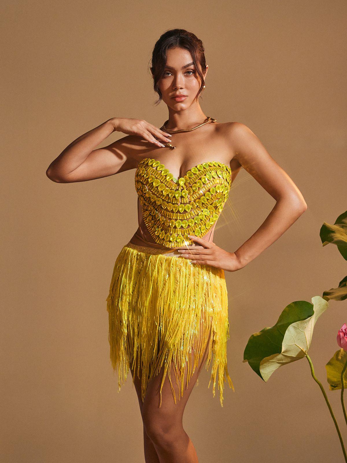 Yvaine Rhinestone Corset Glitter Fringe Skirt Set