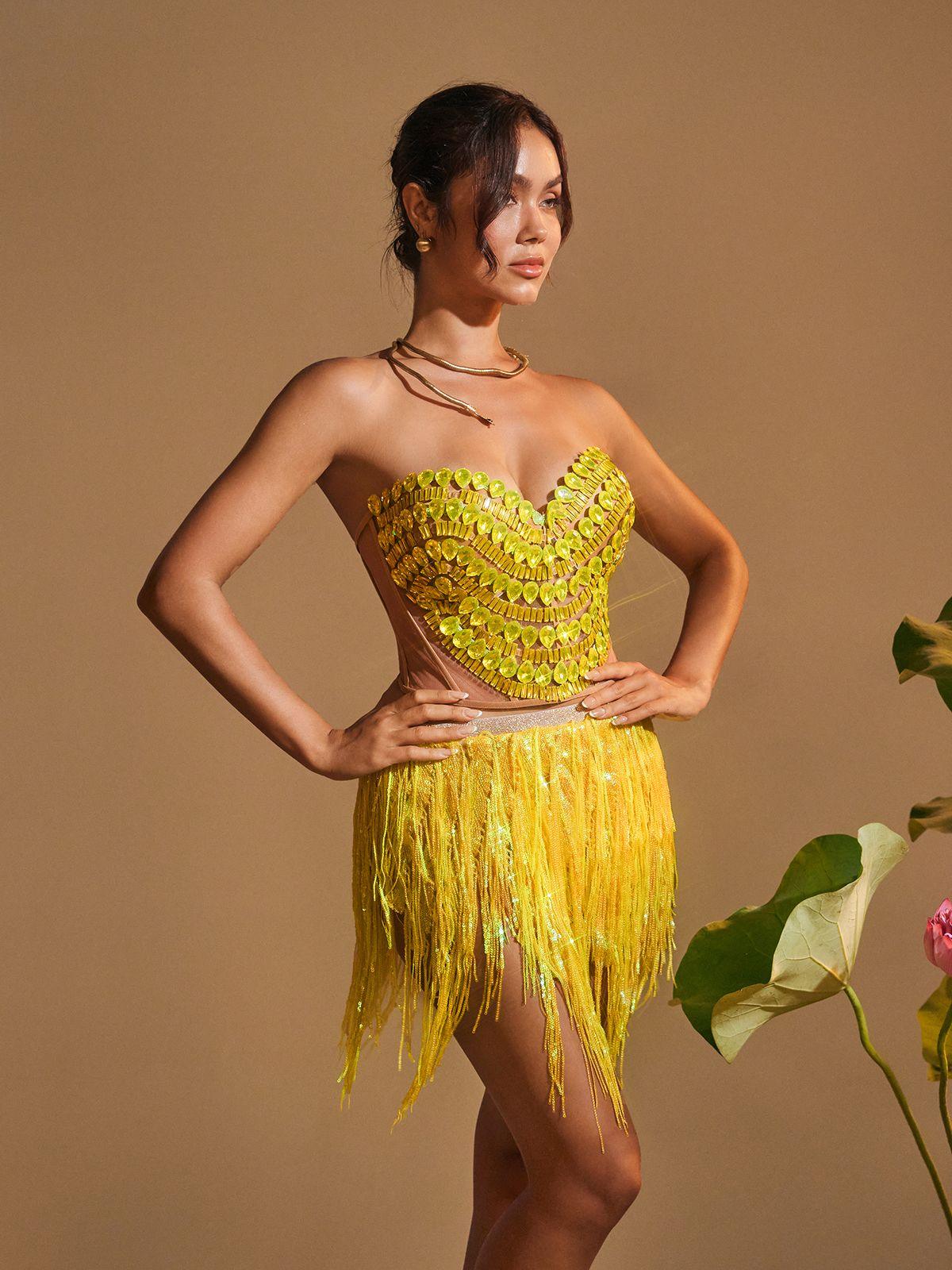 Yvaine Rhinestone Corset Glitter Fringe Skirt Set