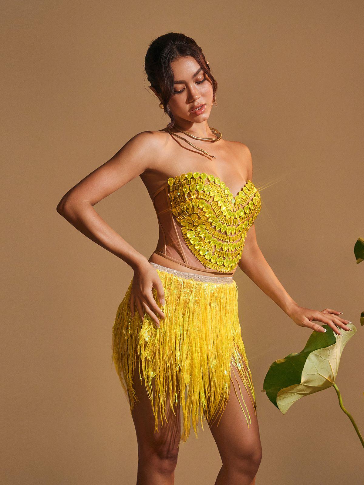 Yvaine Rhinestone Corset Glitter Fringe Skirt Set