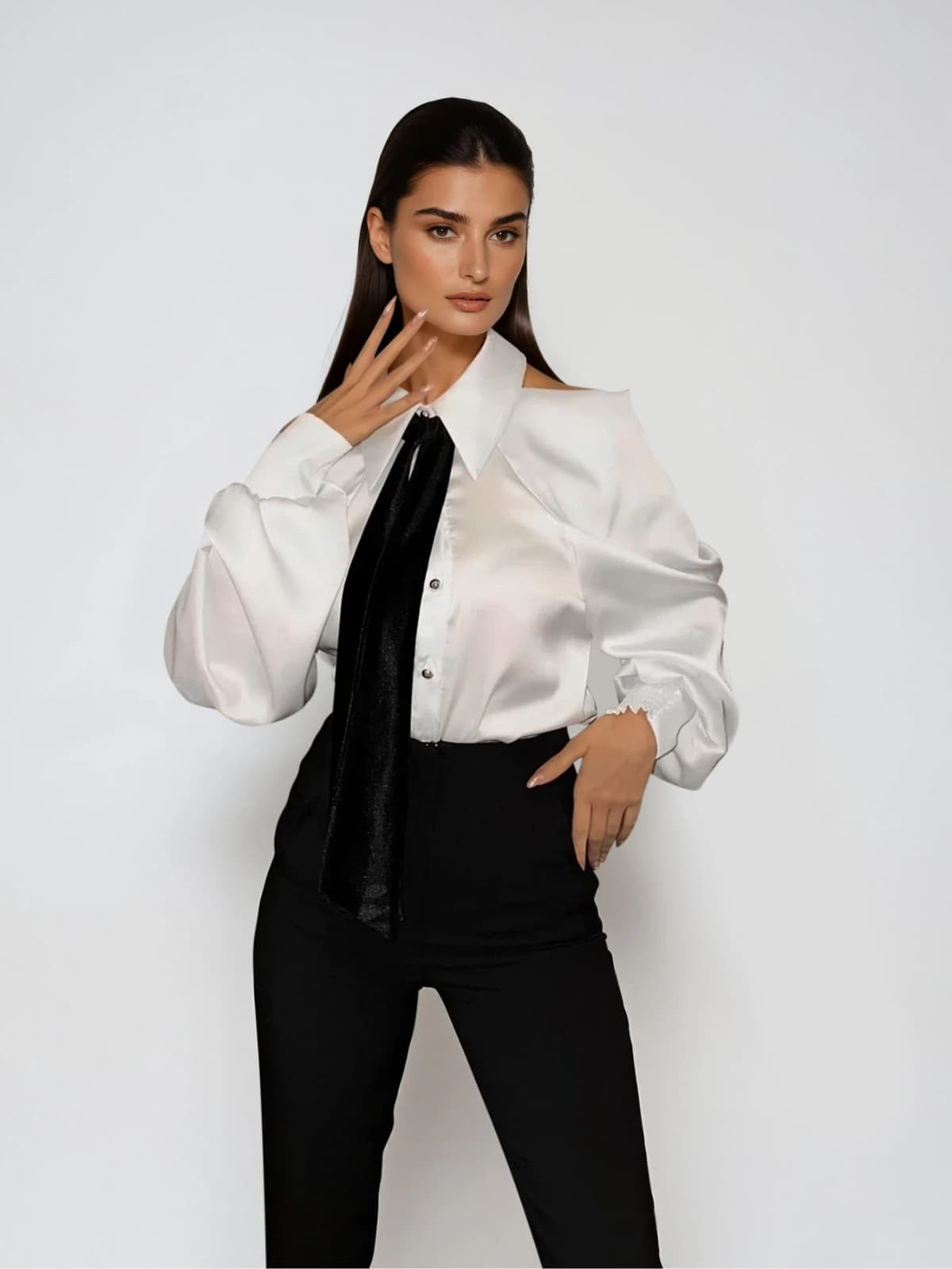Yvara Folded Collar Tie Satin Shirt