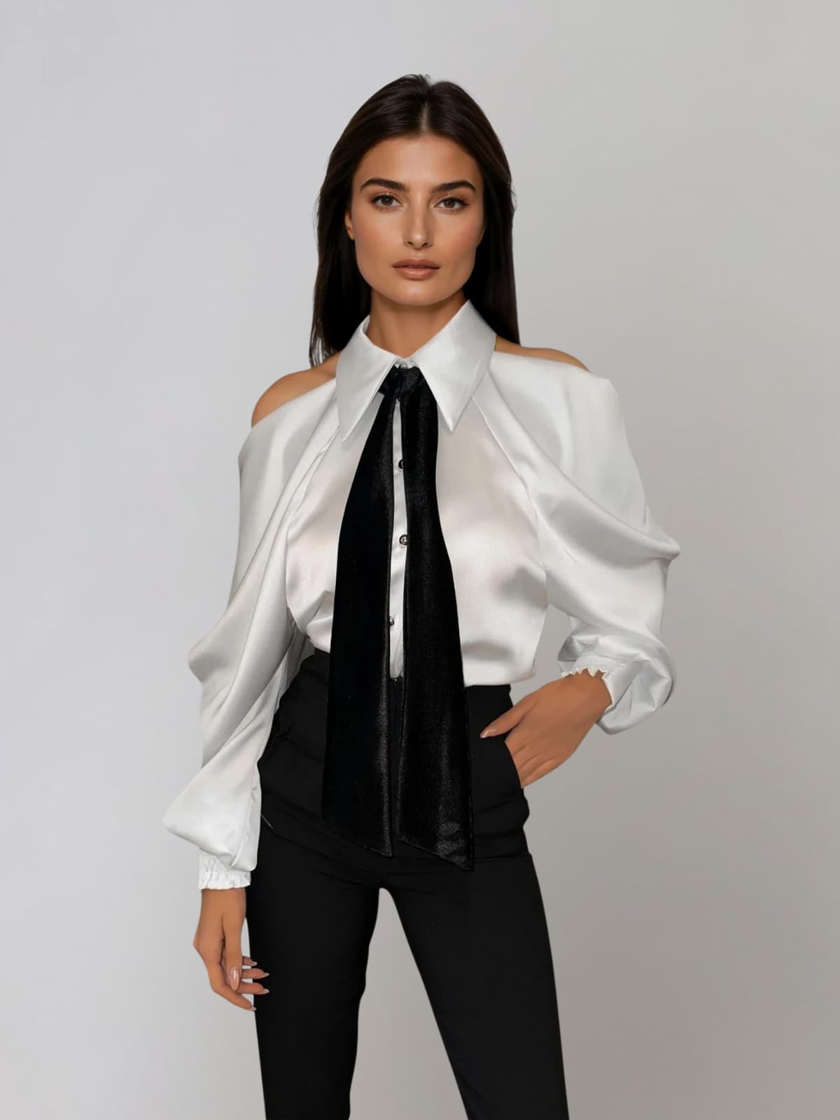 Yvara Folded Collar Tie Satin Shirt