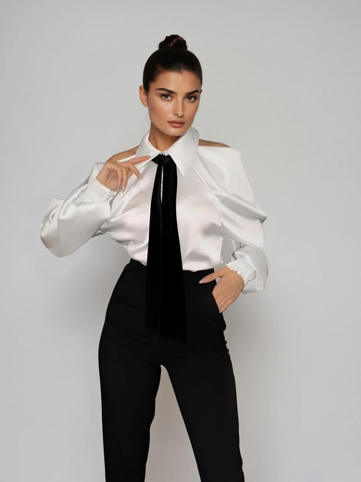Yvara Folded Collar Tie Satin Shirt
