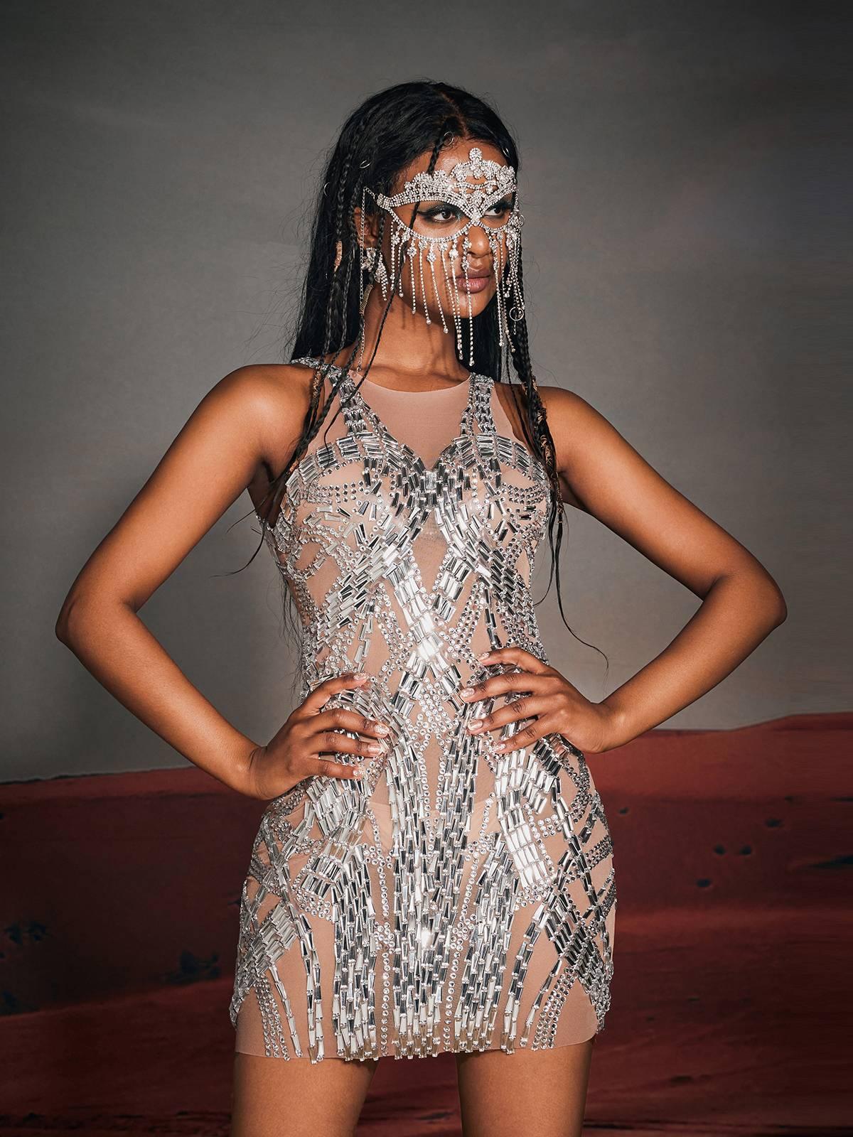 Zaiden Rhinesone Mesh Mini Dress