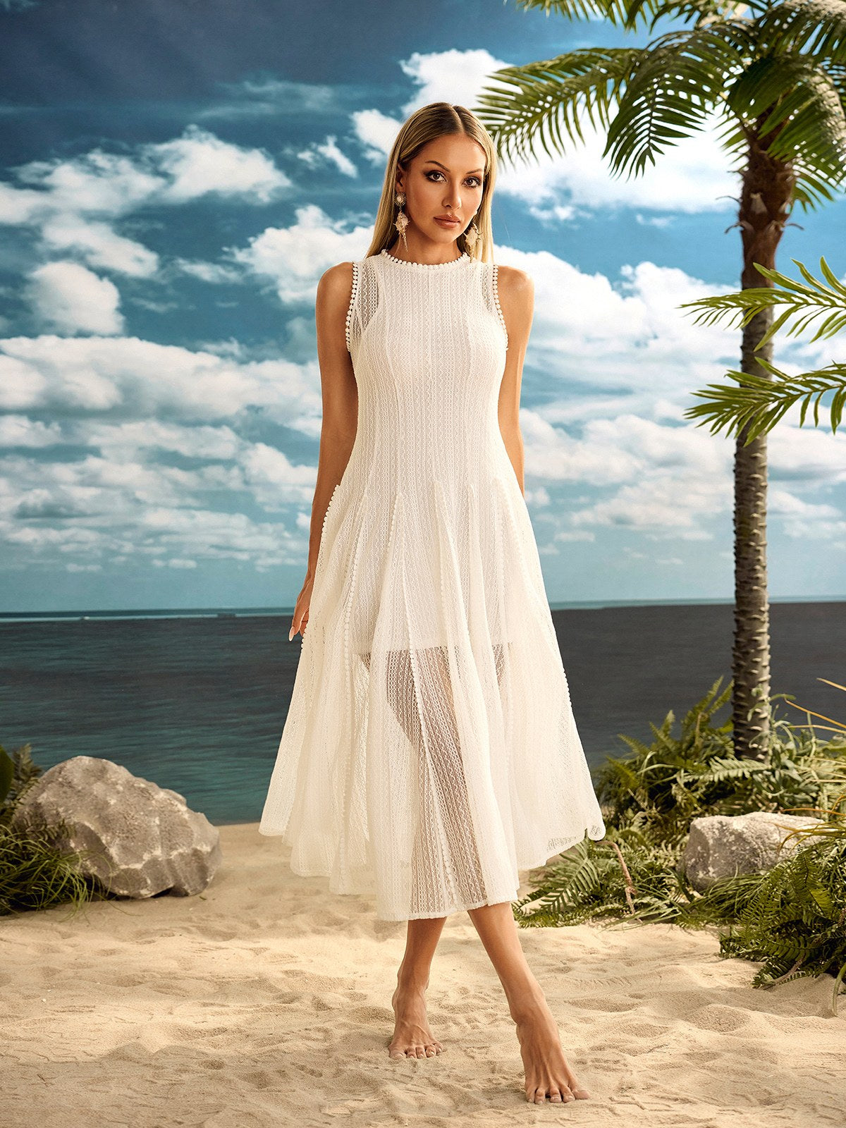 Zalvryn Sleeveless Knitted Midi Dress In White