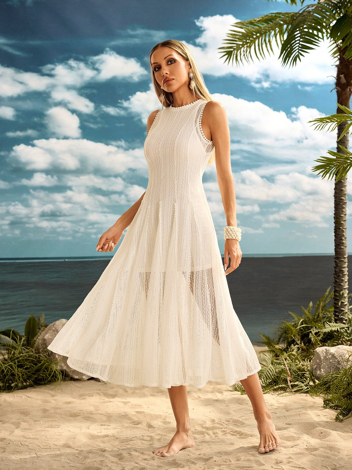 Zalvryn Sleeveless Knitted Midi Dress In White
