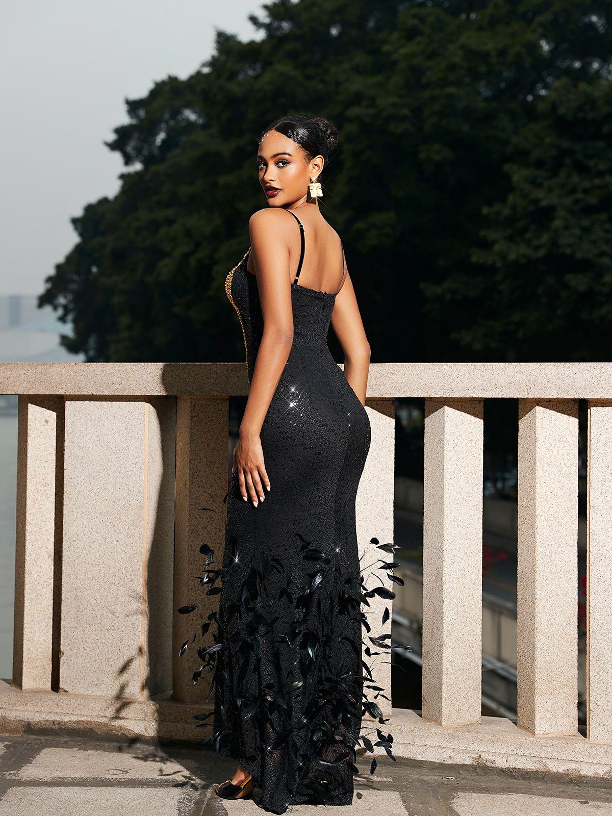 Zane Cutout Rhinestone Feather Sequin Dress