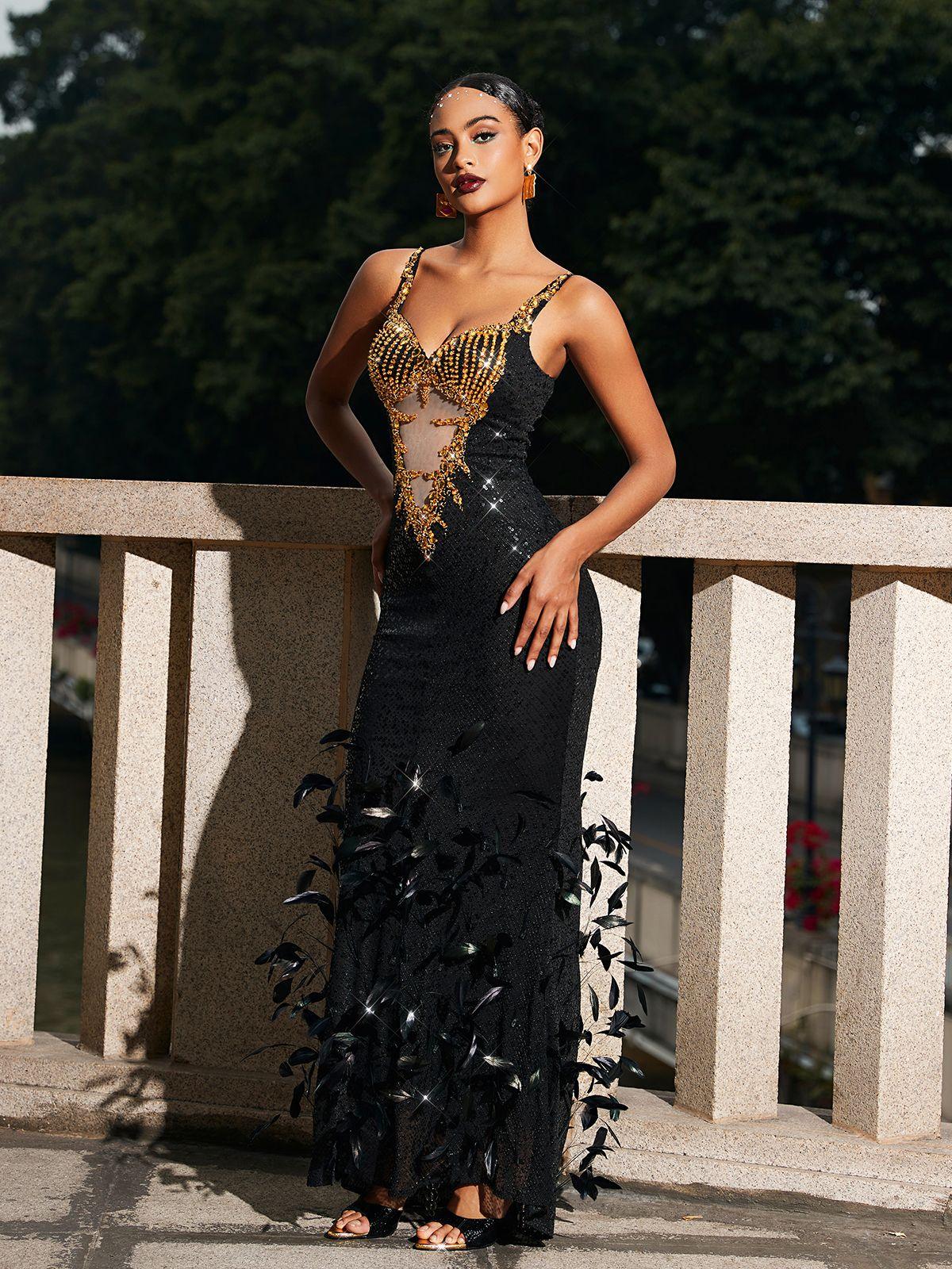 Zane Cutout Rhinestone Feather Sequin Dress