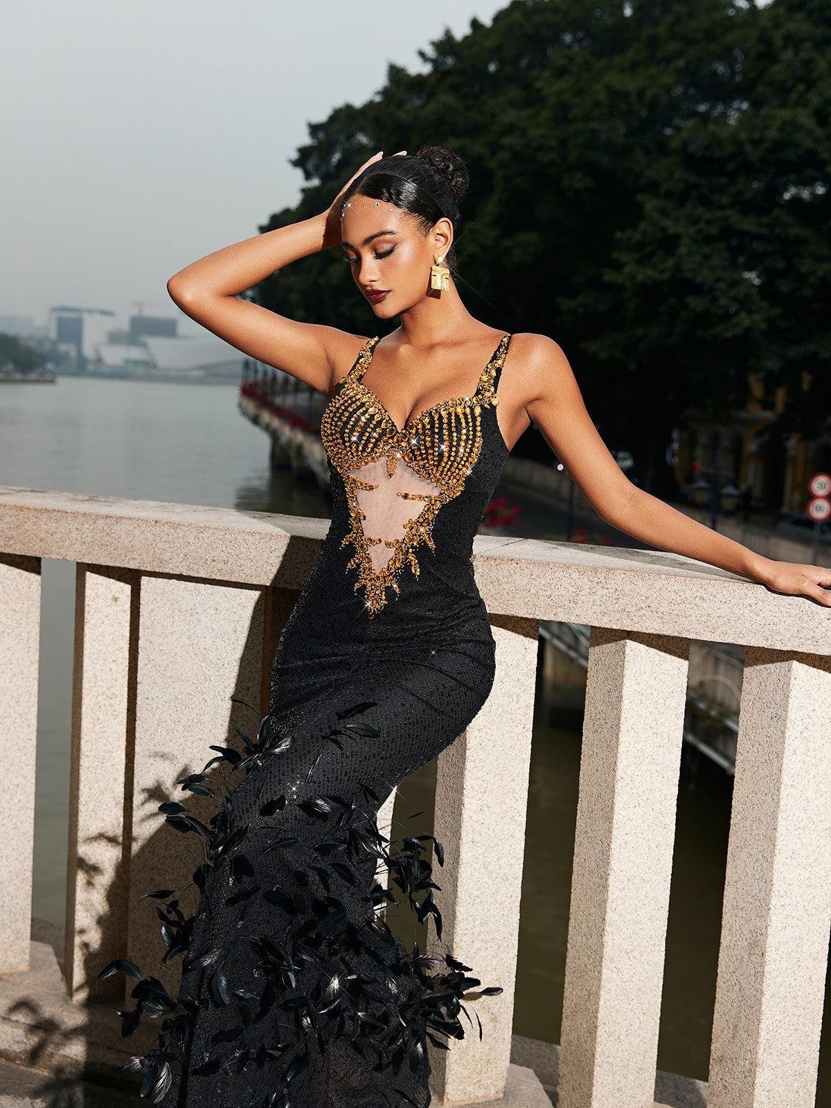 Zane Cutout Rhinestone Feather Sequin Dress