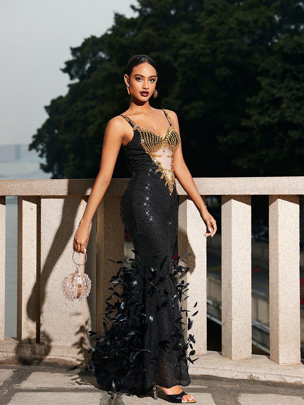 Zane Cutout Rhinestone Feather Sequin Dress