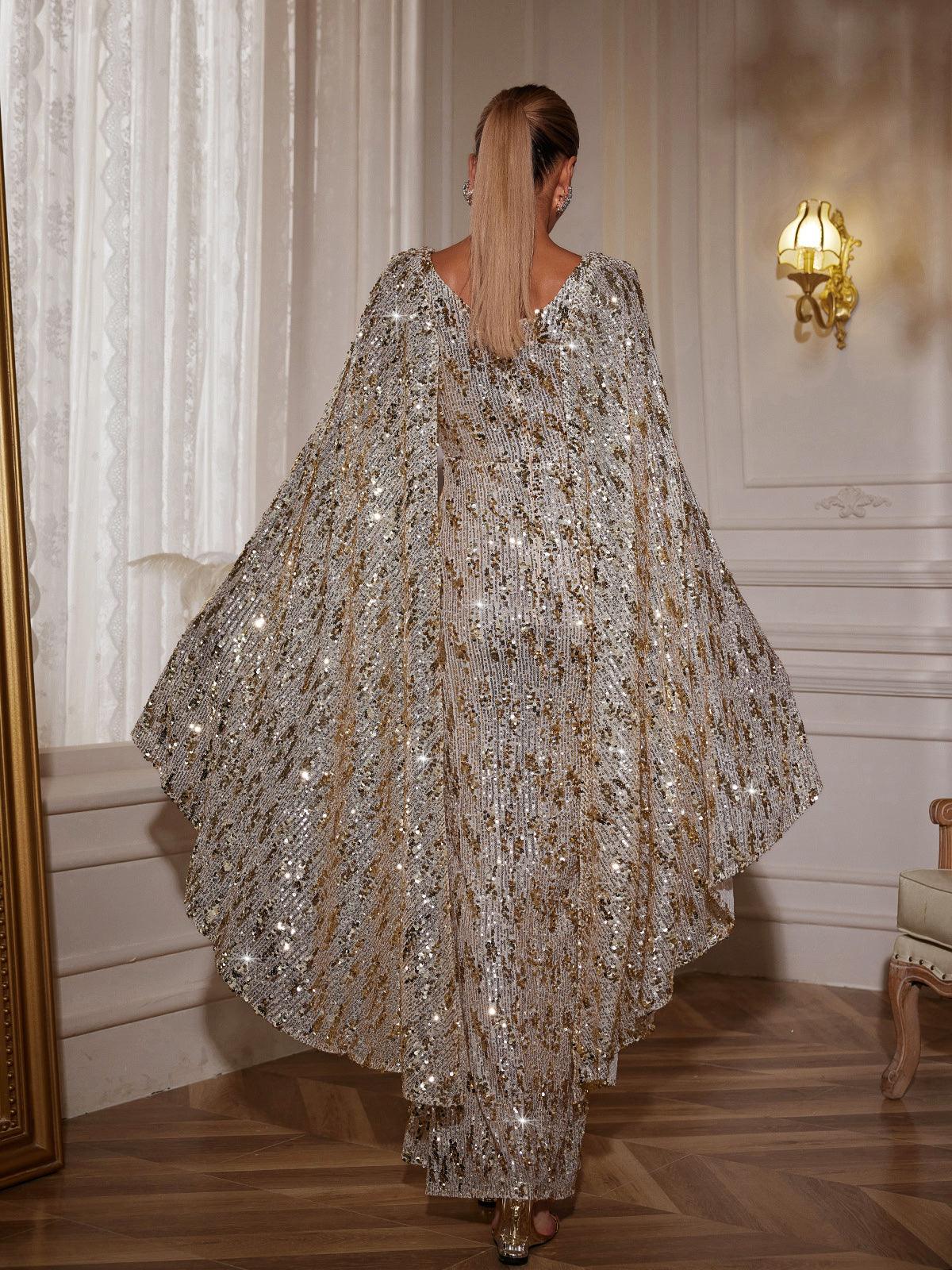 Zephyrus Draped Sleeve Sequin Maxi Dress