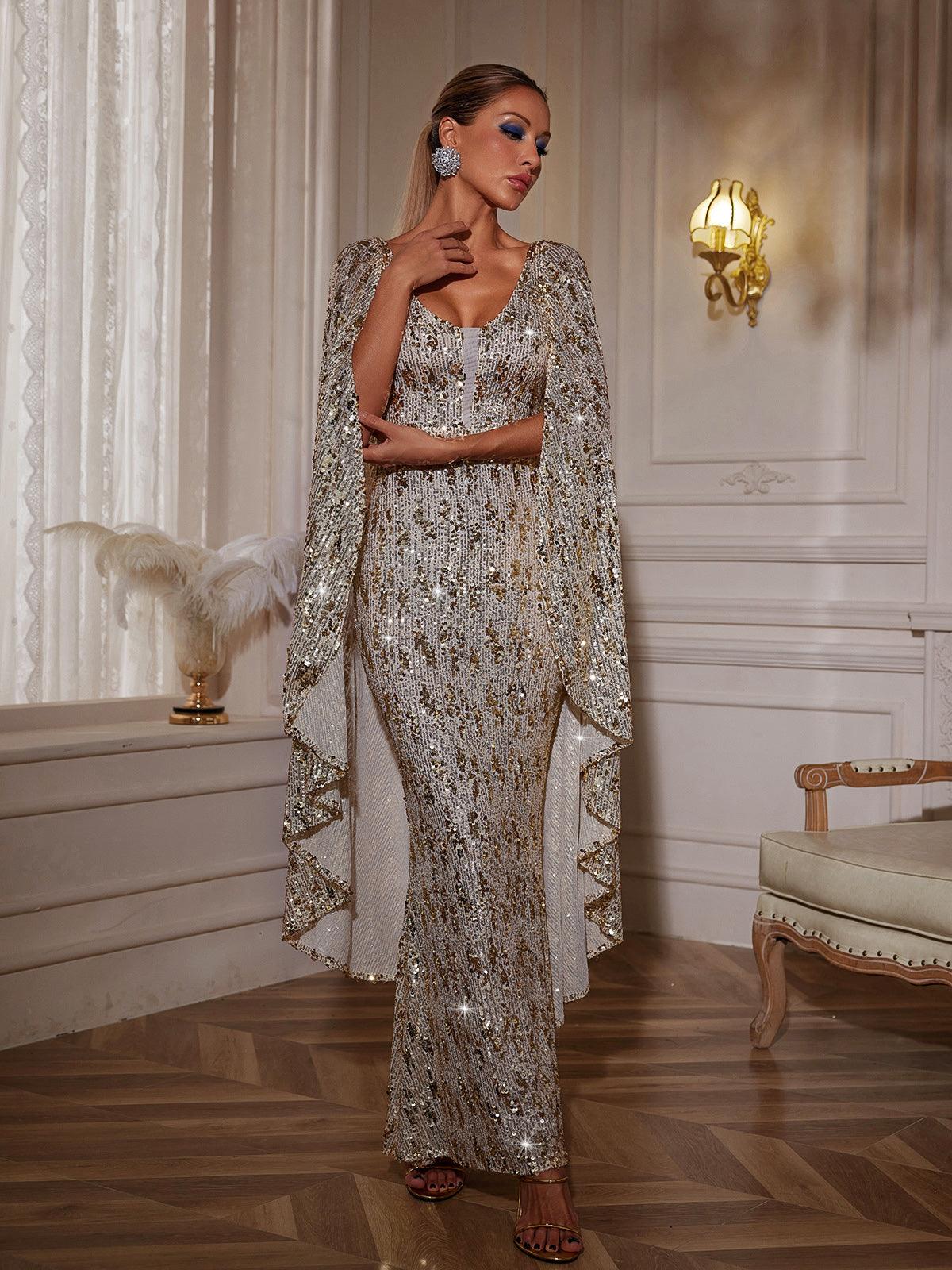 Zephyrus Draped Sleeve Sequin Maxi Dress